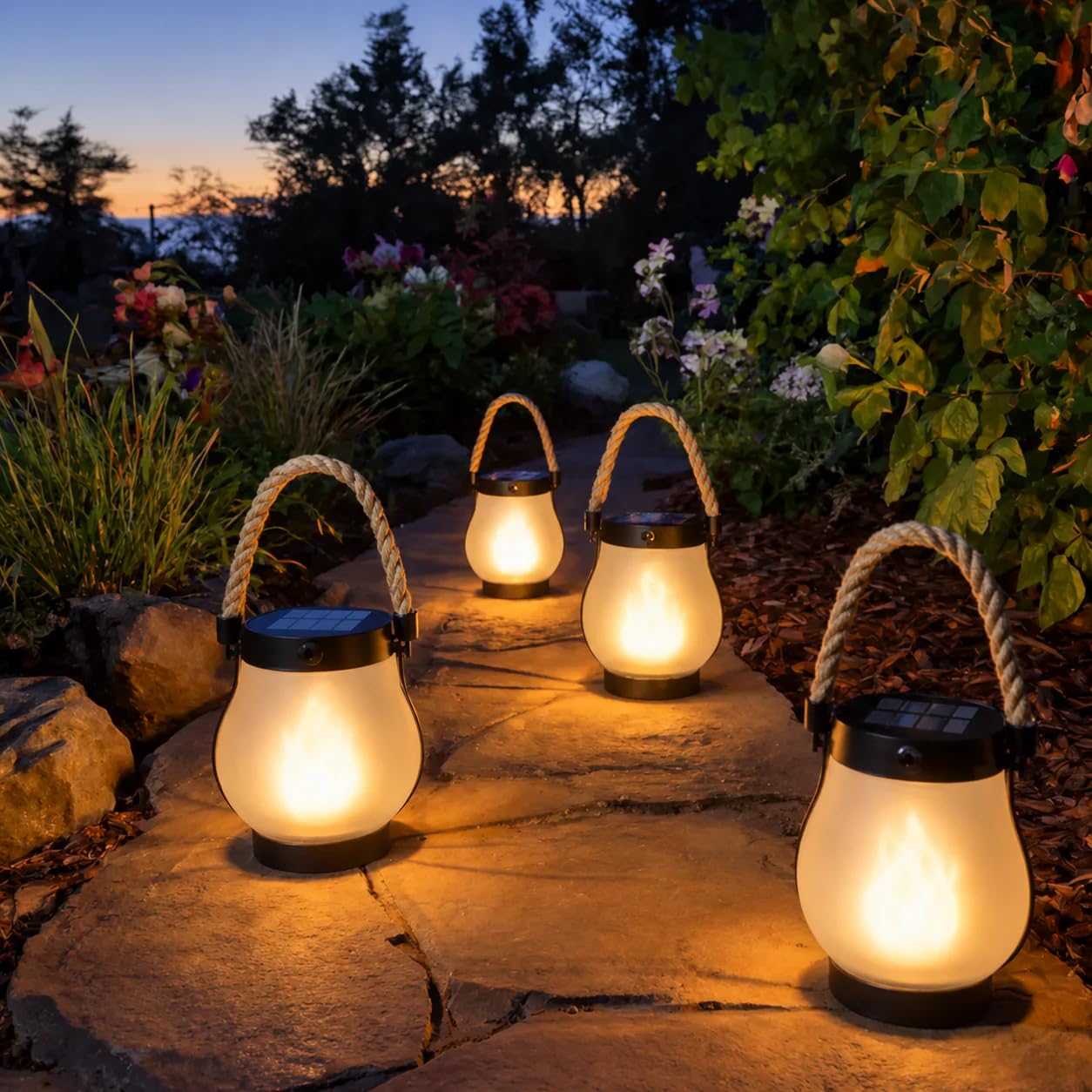 Enviedeco Flaméo - Lanterne Solaire Lampe Solaire Extérieur Jardin IP65, Lanterne Décorative pour Terrasse et Balcon, Blanc Chaud