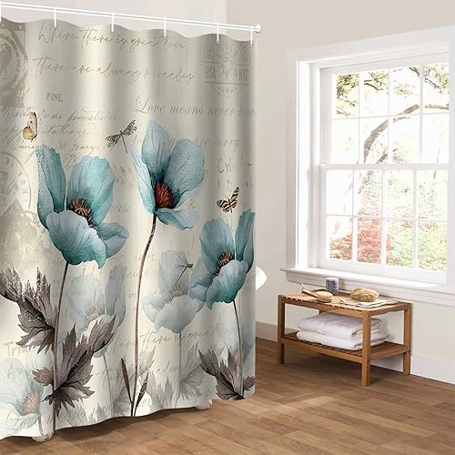 Miniatura 8 de Cortina de ducha impermeable, diseño retro, con 12 ganchos, diseño floral, mariposa, libélula, con 12 ganchos, cortinas de baño para casa rural,