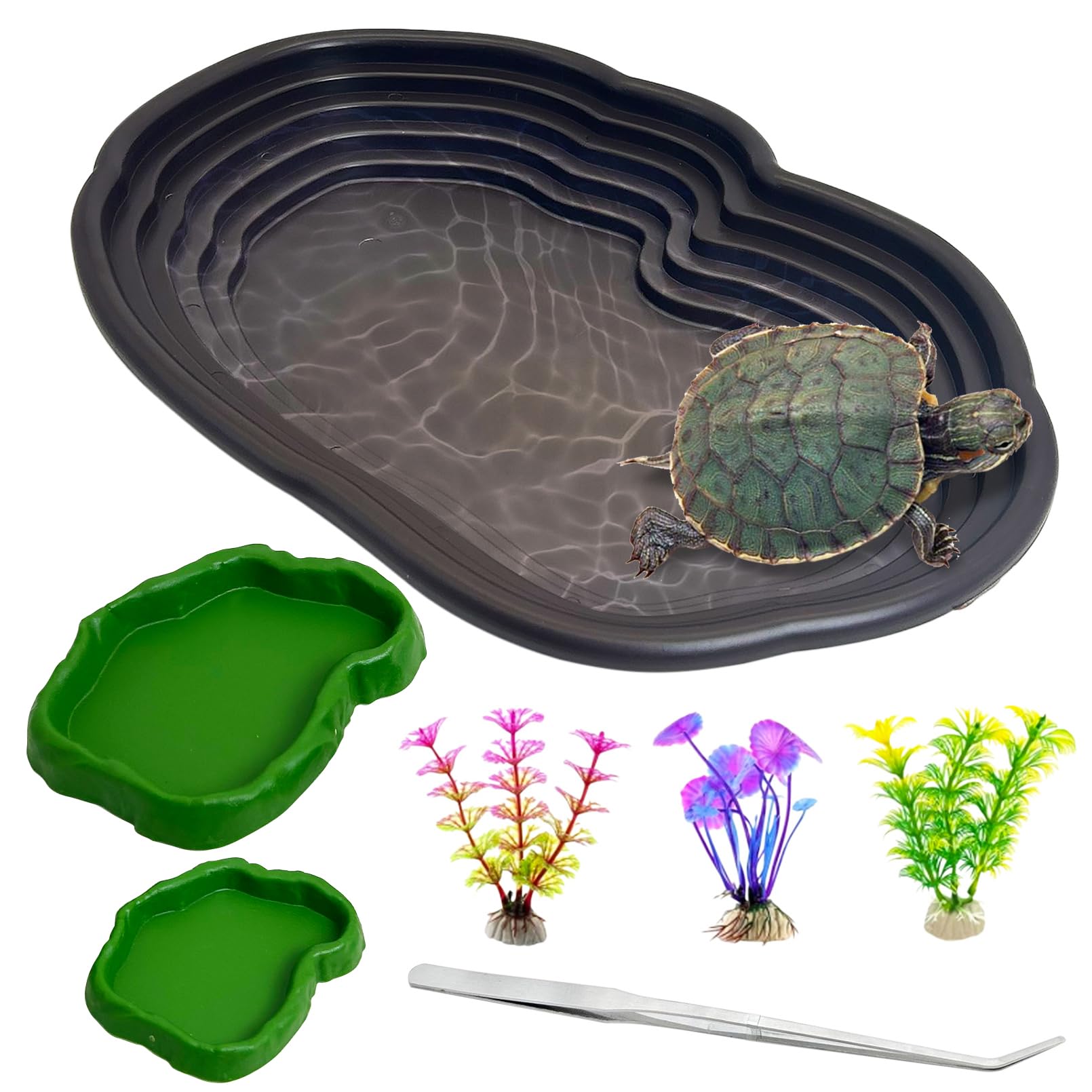 Apatal Reptile Bathing Pool 2-in-1 Tortoise Water Dish with Ramp Extra Large Turtle Feeding Bowl with Steps Leaf Reptile Food & Water Dishes 7 Pcs Gecko Habitat Decoration Accessories Lizard Bath Tub