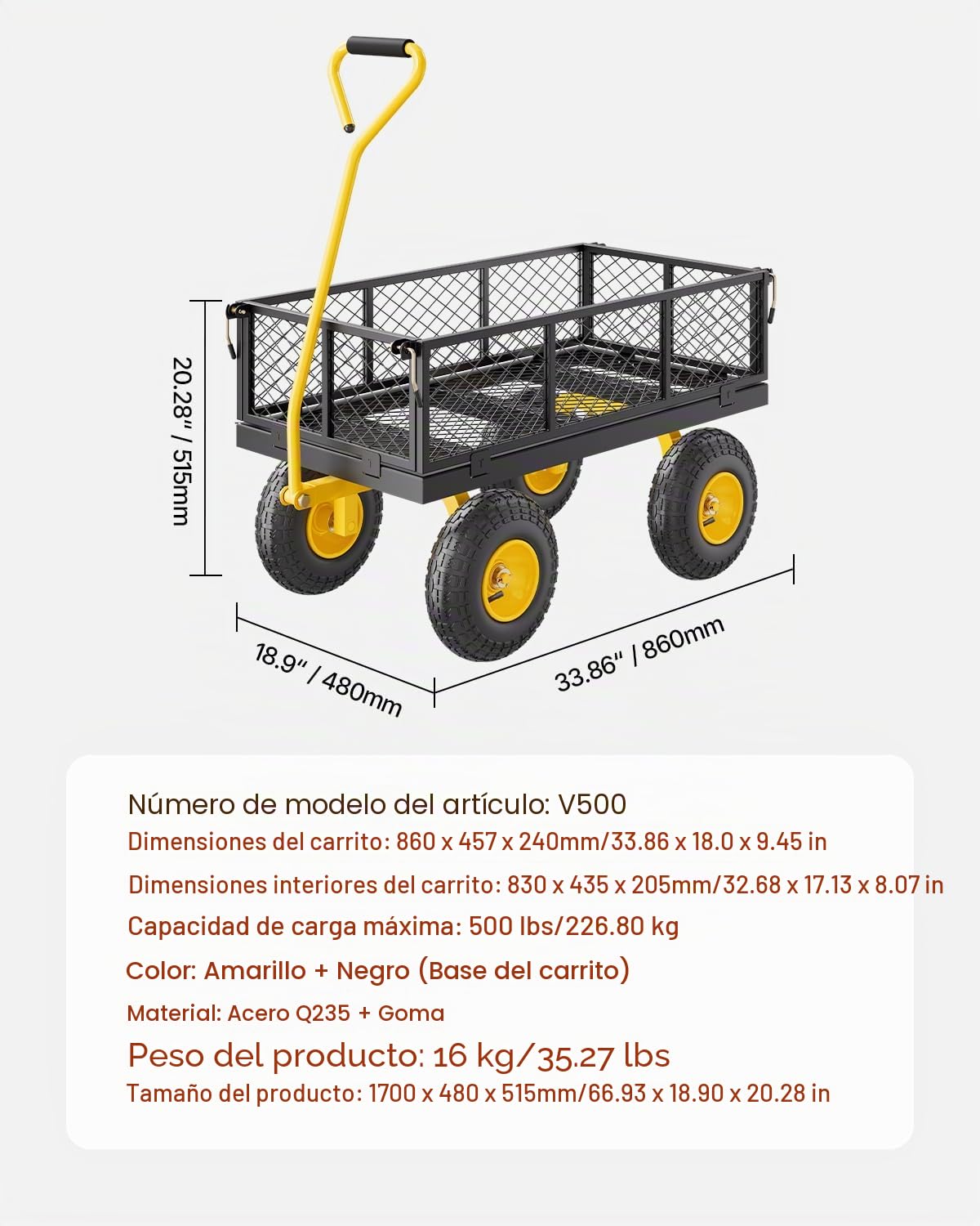 VEVOR Carrito Resistente de Jardín de Acero de 1700 x 480 x 515 mm con Neumáticos de 10", Laterales de Malla Extraíbles y Manija Giratoria de 180°, Capacidad de Carga de 226,80 kg, Amarillo y Negro