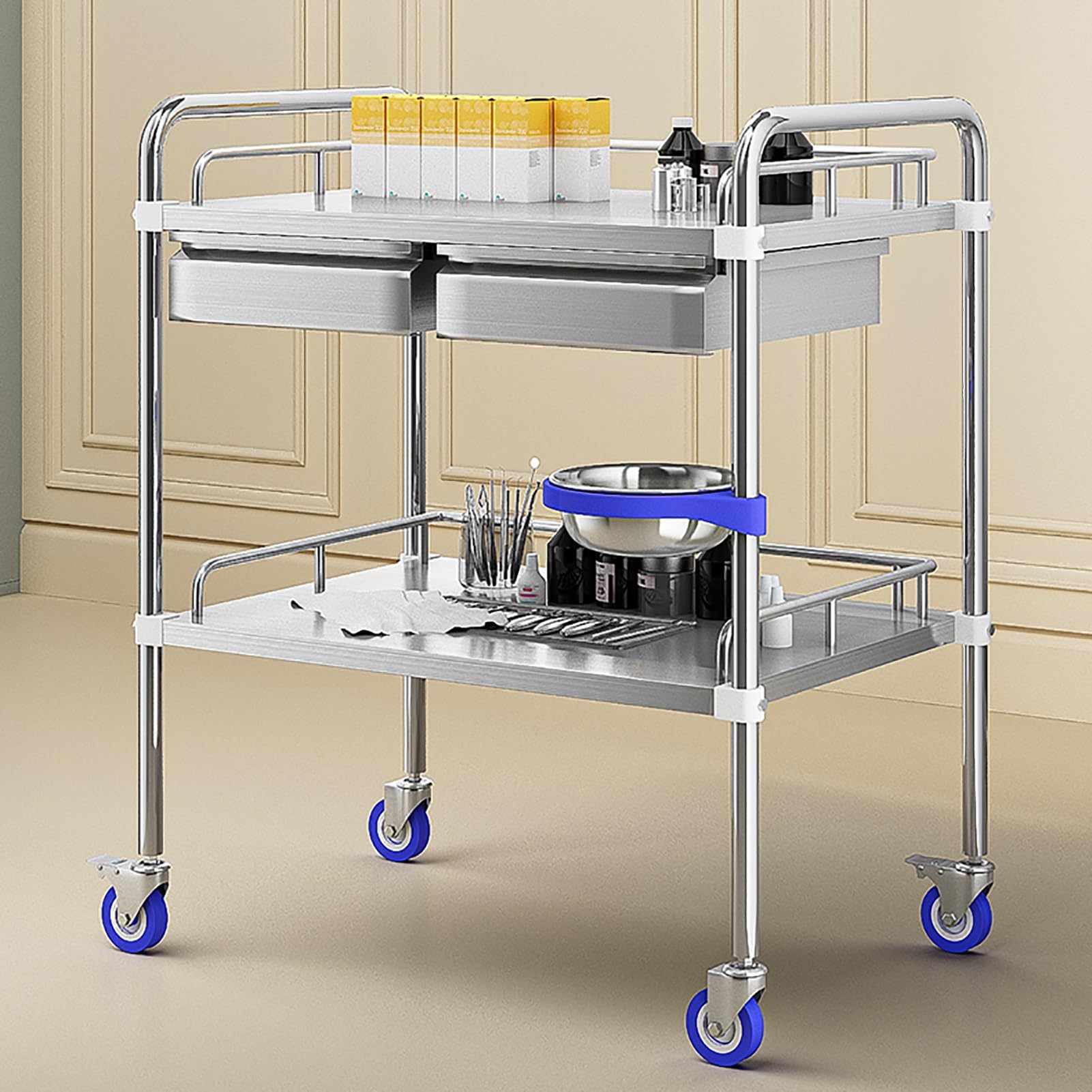 Chariot de Laboratoire à 2 étages, Chariot utilitaire professionnel avec tiroirs, Chariot Médical en Acier Inoxydable, pour maison, chambre à coucher, salon, laboratoire(60*40*86cm/24*16*34in)