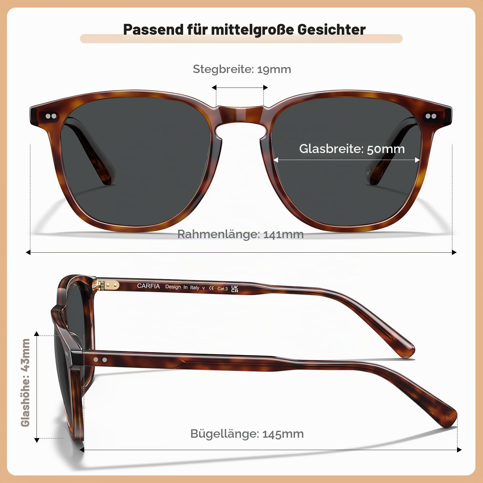 CARFIA Retro Acetat Polarisierte Sonnenbrille Herren UV400 Schutz Handgefertigter Rahmen Ergonomisches Design CA5285L