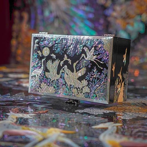 Miniatura 2 de February Mountain Joyero de nácar Diseño tradicional coreano con grúas y pinos Caja de madera hecha a mano, interior forrado de terciopelo para