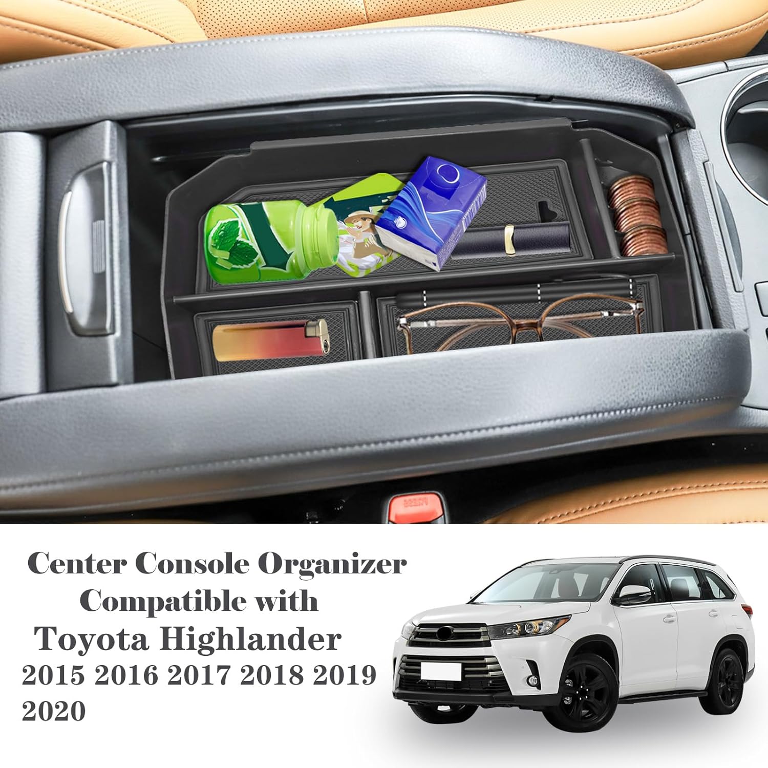 ABS Center Console Organizer Compatible with Toyota Highlander 2015-2017 Accessories Center Console Organizer Embedded Storage Armrest Box Fit for Highlander (Black
