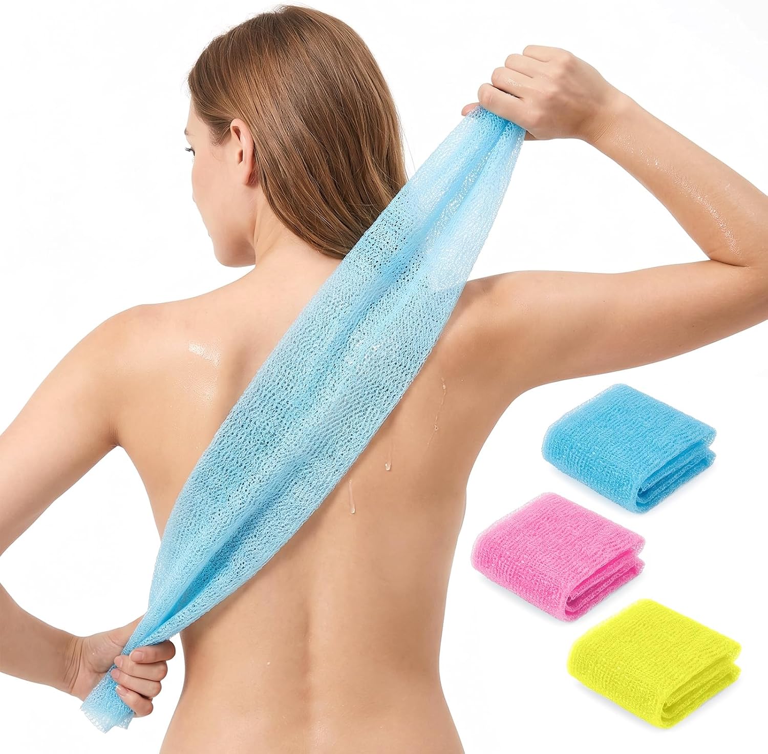 3 Pack Exfoliating Body Scrubber Towel, Japanese and Korean Style Back Scrubber 35x12 Inch Nylon Mesh Washcloth for Smooth Skin (Pink, Sky Blue, Yellow)
