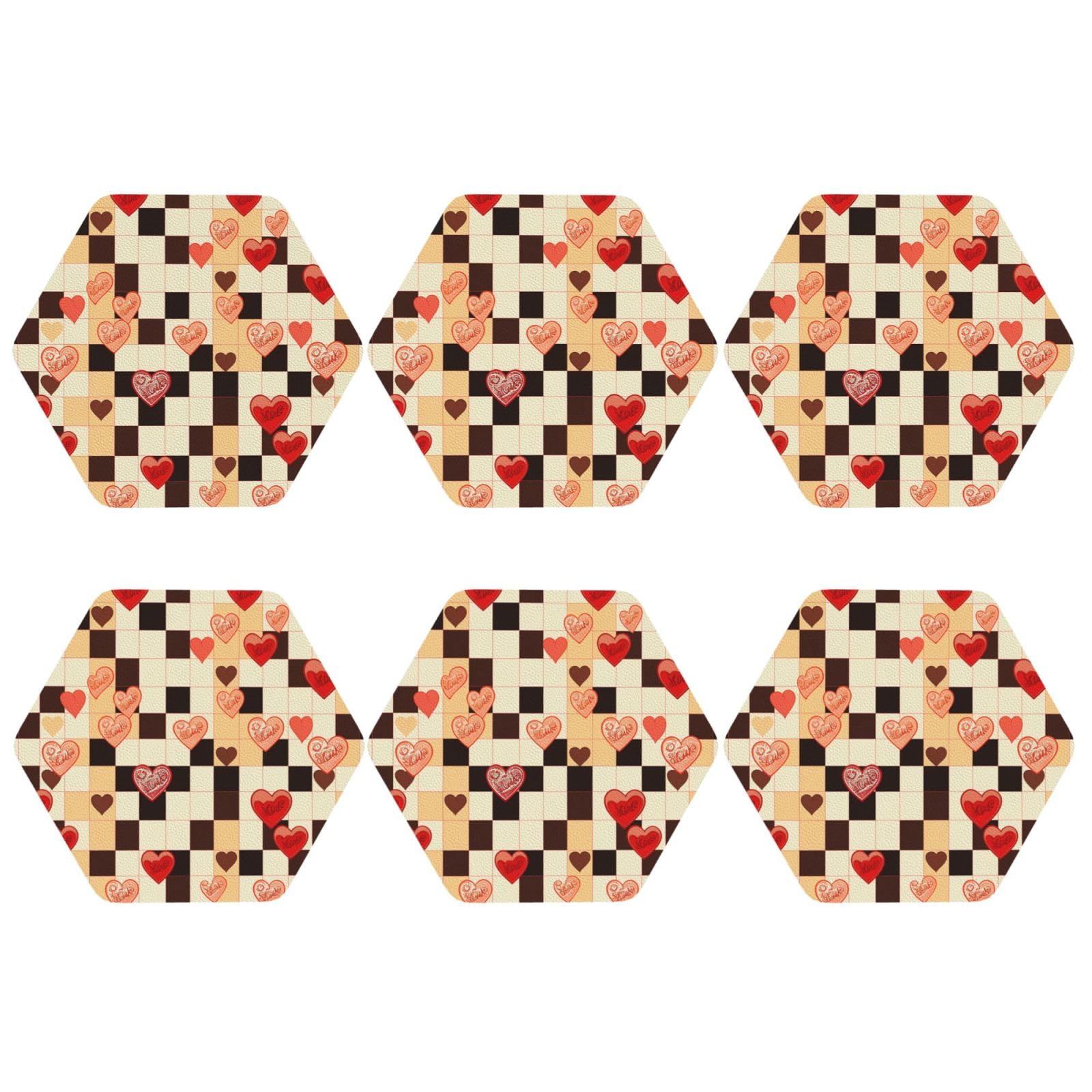 6pcs Leather Coasters for Drinks, Checkerboard Hearts Drink Coasters for Tabletop Protection, 4" Cup Coasters for Coffee Table Decor, Non-Slip Drinking Cup Mat for Hot Or Cold Drink