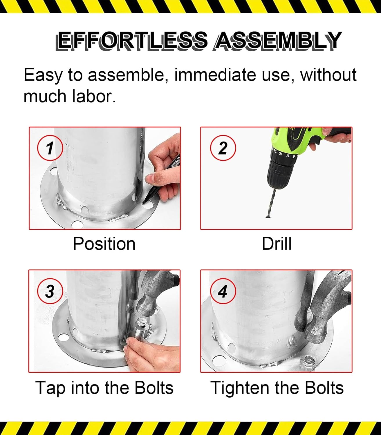 反射イエロースチール製安全ボラード、ボルト付き頑丈安全ボラード、交通規制用ボラード、4.5x21.6インチ