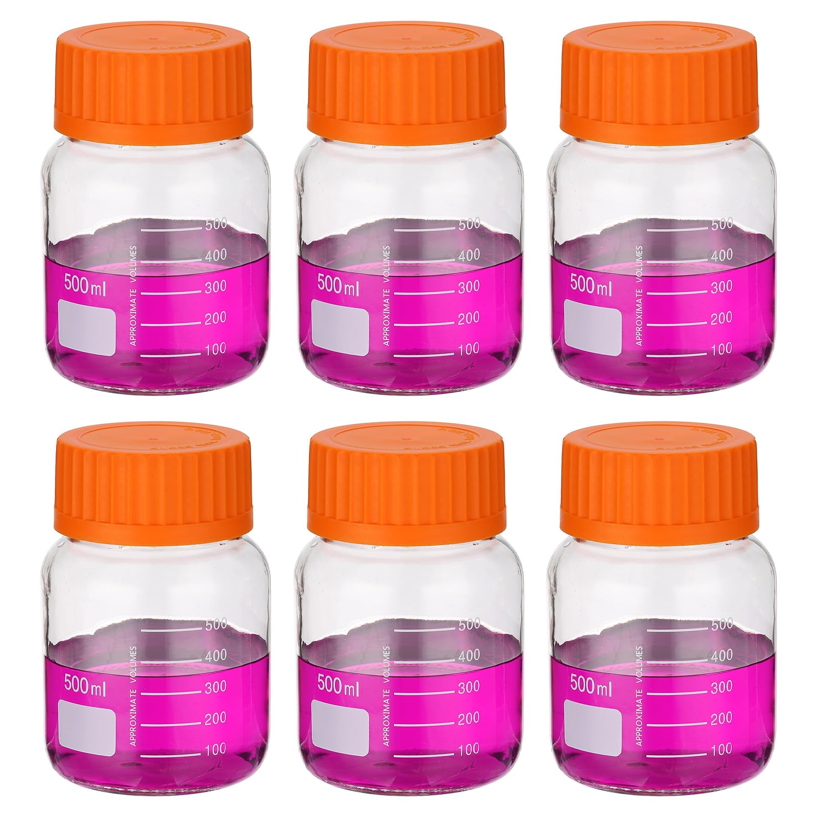 PATIKIL Confezione da 6 bottiglie rotonde per reagenti, 500 ml, in vetro borosilicato, a bocca larga, graduate, con tappo a vite GL32 arancione, per liquidi reagenti d'acqua di laboratorio,