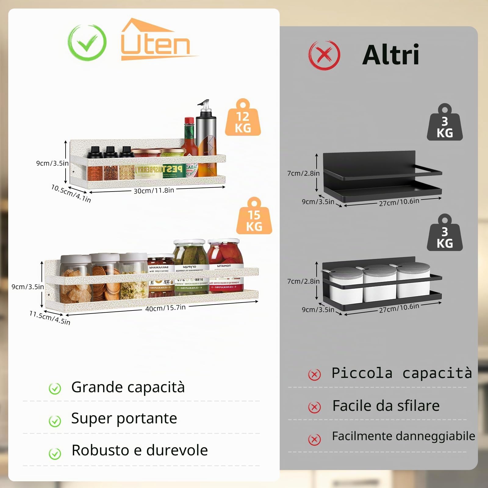Uten Portaspezie magnetico, confezione da 2 mensole magnetiche resistenti, da parete, senza foratura, per armadietti, frigoriferi, salvaspazio, organizzazione della cucina, struttura bianca