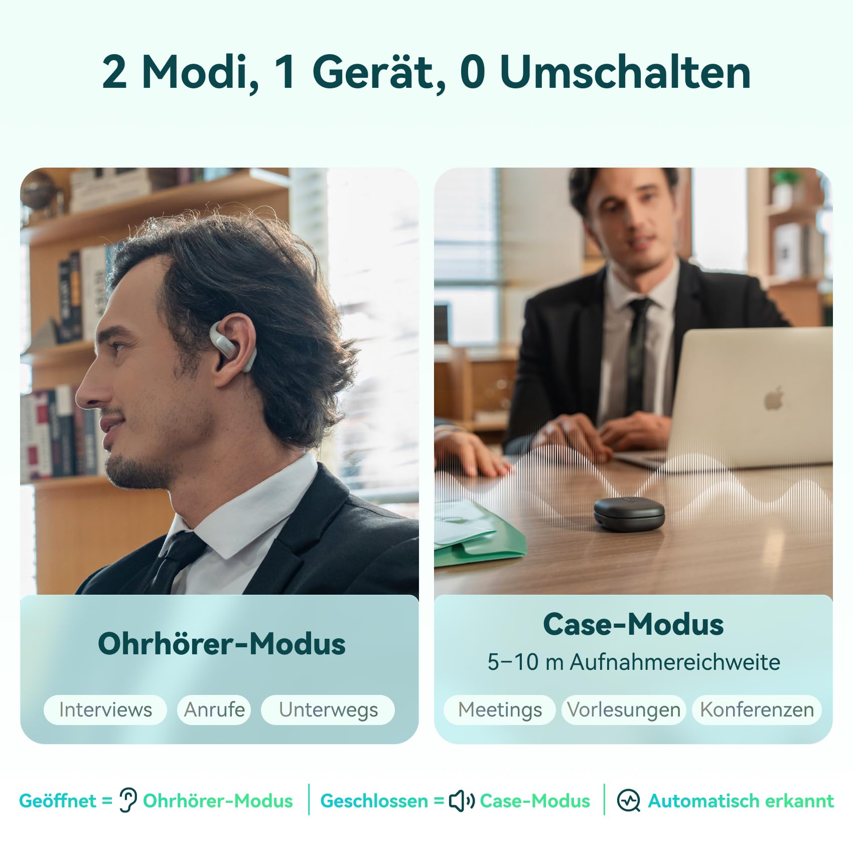 Mobvoi TicNote Pods Wearable KI-Sprachrekorder, 4G integriert – Aufnahme & Cloud-Sync ohne Smartphone, Sprachaktiviertes Aufnahmegerät, Transkription & Meeting-Notizen, über 120 Sprachen, 5h Akku