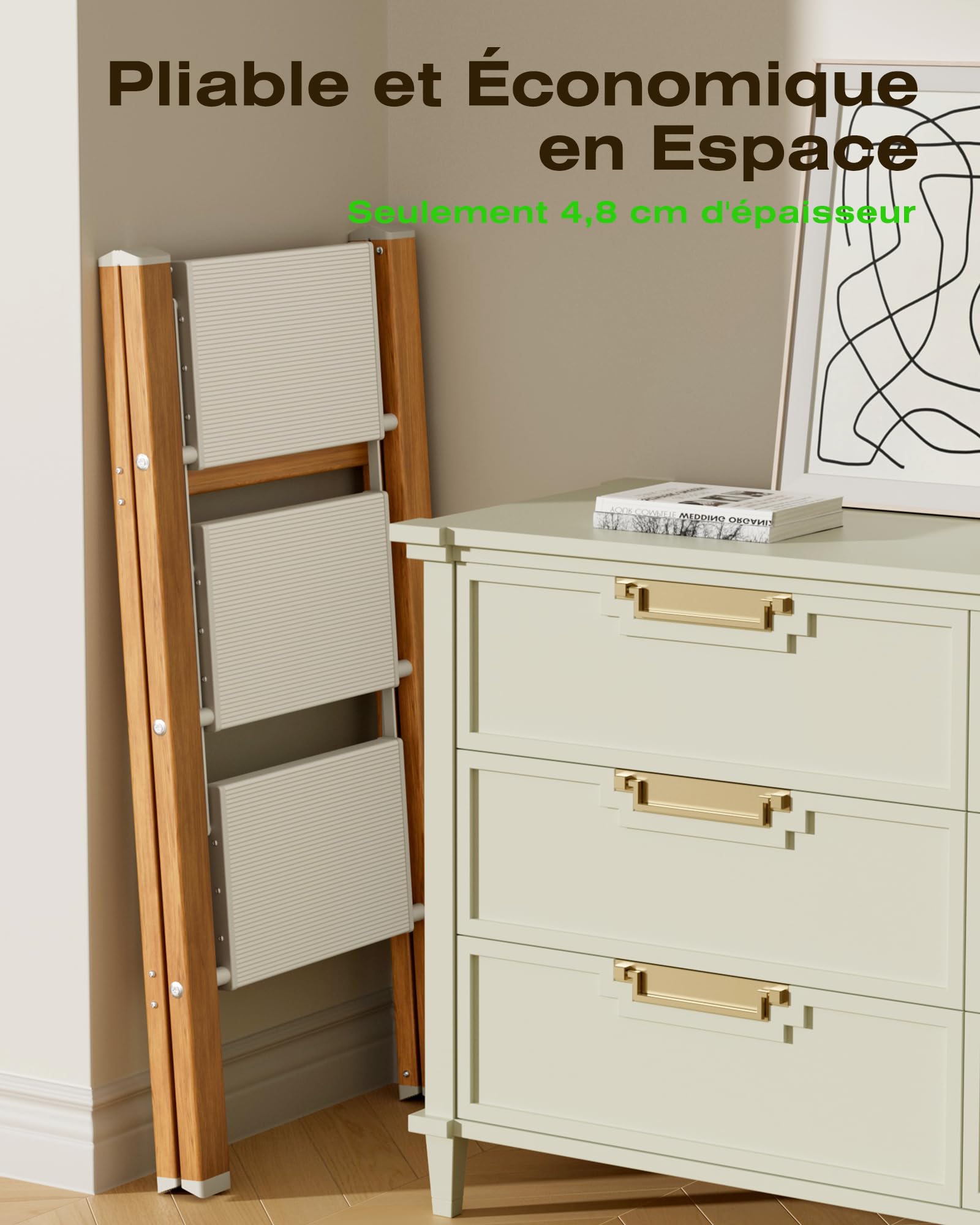 Échelle Pliable 3 Marches, Tabouret Escalier Aluminium | Capacité 150 Kg, Échelle Pieds Antidérapants & Larges Marches, Usage Intérieur-Extérieur, Design Aspect Bois, Blanc