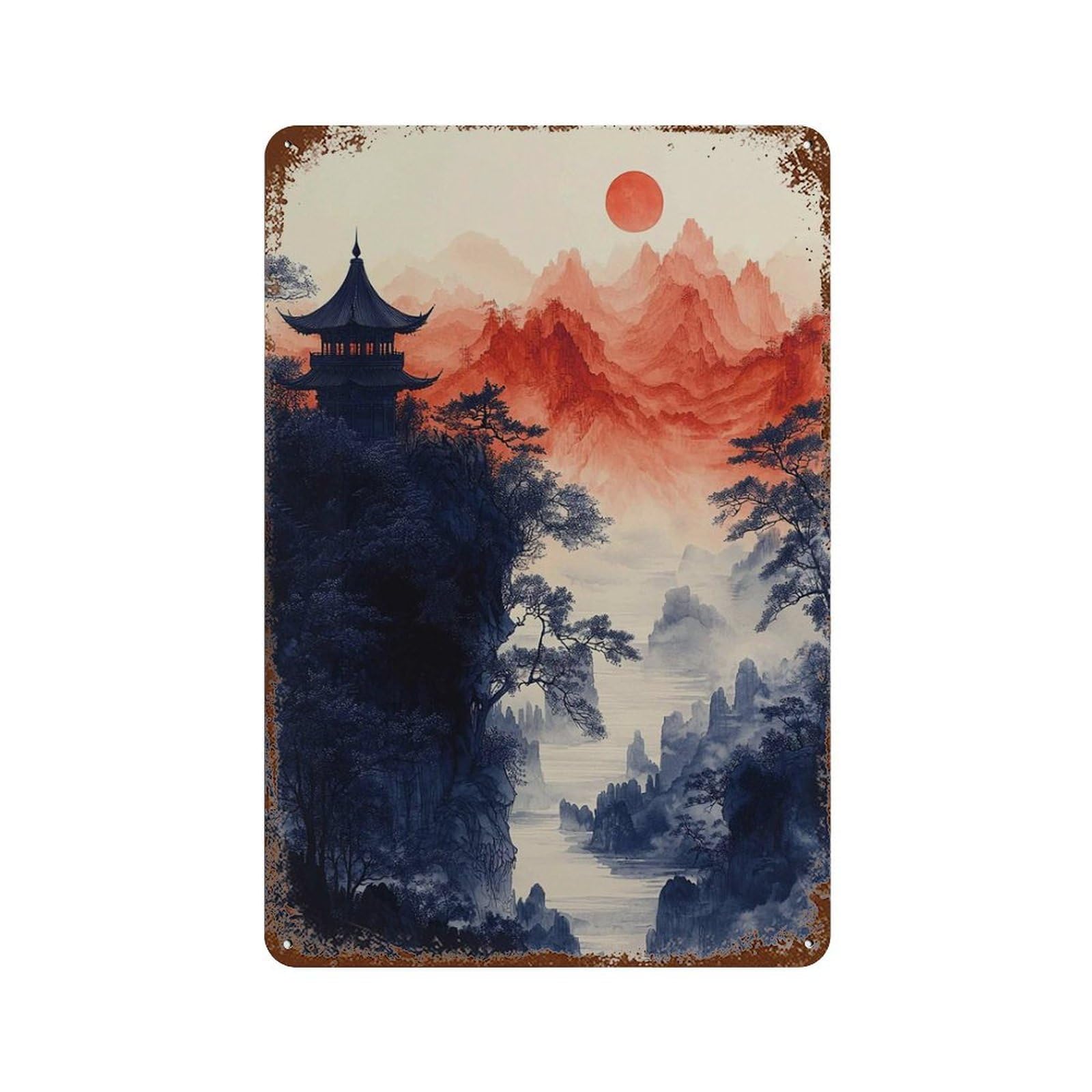 xiaoxiaoshen Japanese Pagoda Mountain Red Sun Asian Landscape Temple Nature Vertical Ink Styl Wall Decor Art Metal Tin Poster Modern Home Decor Art Home Bar Shop Decorations Vintage Sign 30x20cm