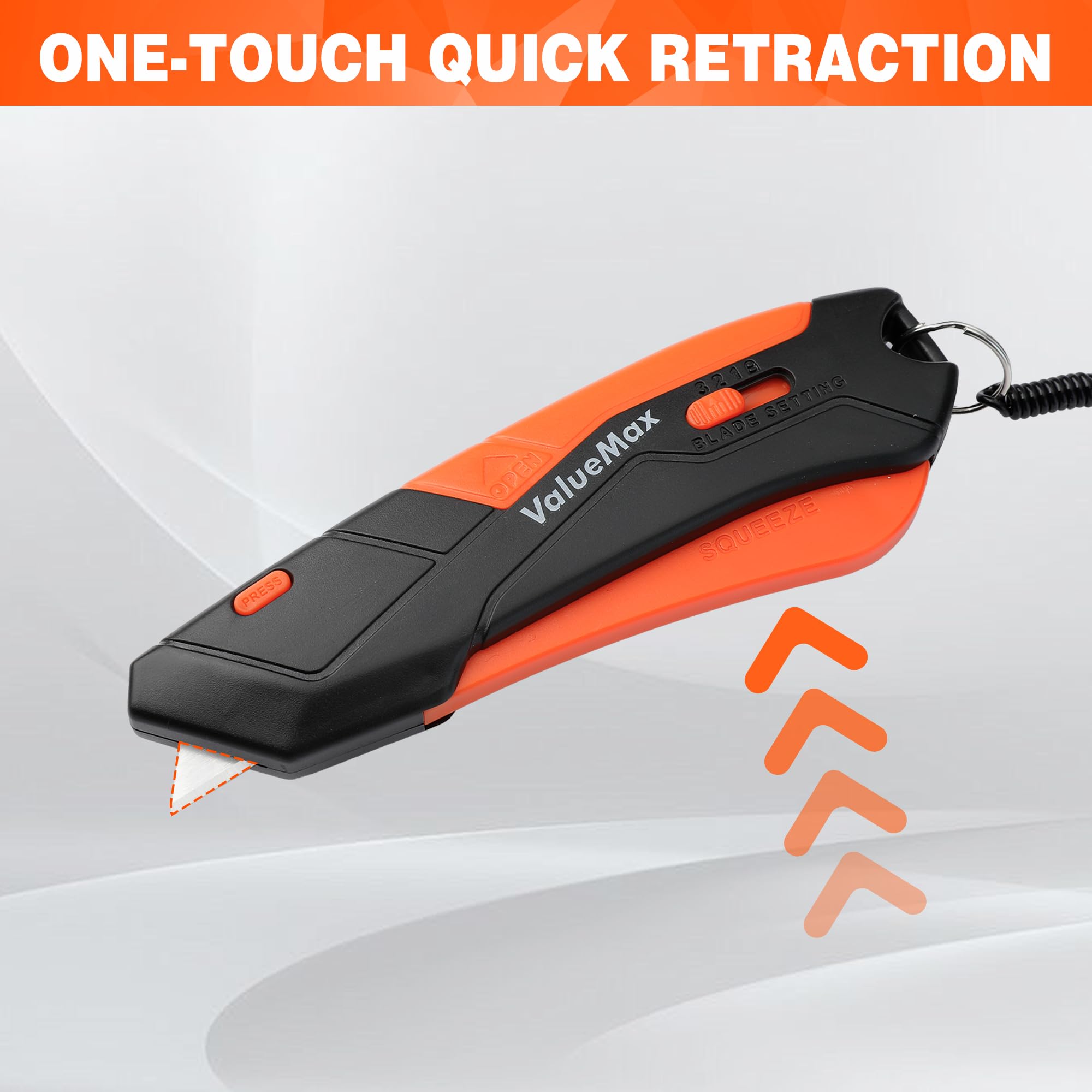 ValueMax 2-Pack Box Cutter Knife, Cardboard Cutter with Self-Retracting 3-Position Locking Blade, Safety Sheath, Lanyard, Extra 18 Blades Included, Blade Storage Design