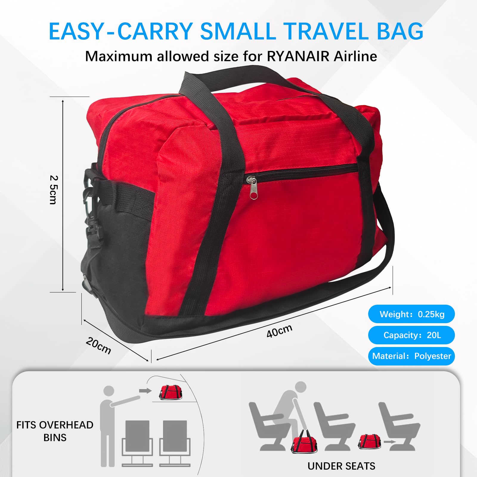 Mała torba sportowa, 40 x 20 x 25 cm, torba podróżna na bagaż podręczny Ryanair, wodoszczelna torba gimnastyczna z regulowanym paskiem, 20 l, mała torba sportowa dla mężczyzn i kobiet, na siłownię, do