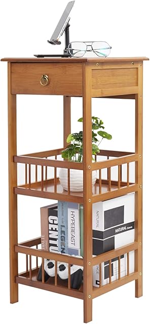 FATIVO Retro Bedside Table 2-Tier Square Nightstand with Drawer Sturdy Bamboo Sofa End Table Indoor Plant Display Table Coffee Side Table for Living Room,Bedroom,Balcony Corner
