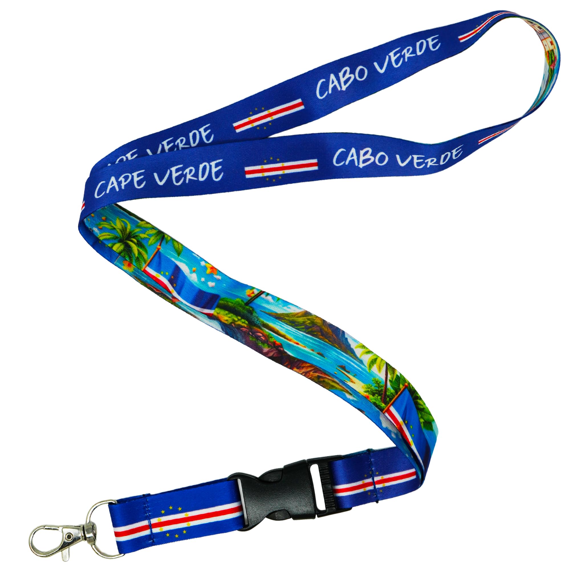 Tigoli Cape Verde Cabo Verde Flag Lanyard with Island Scenic Design Detachable Buckle and Metal Clip Hook Blue Neck Strap Keychain Holder 57 x 2cm