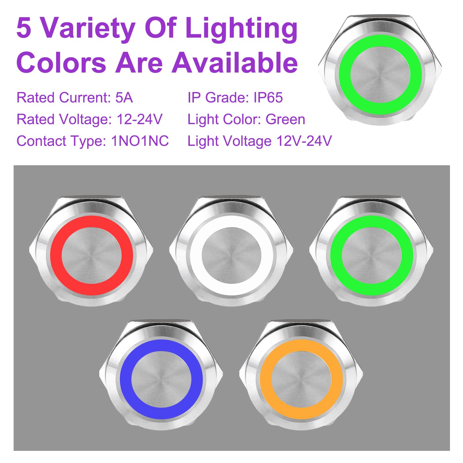 DMiotech 2 Pack 7/8 Inch Stainless Steel Momentary Push Button Switch Domed Head 5A 12-24V Silver Shell 6 Pin with Cable Socket Green Ring LED 1NO1NC for Car Boat Systems Custom Setups - Image 3