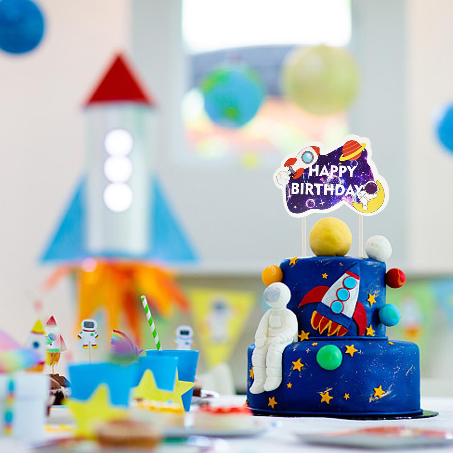 JeVenis Weltraum Tortenaufleger-Set – Mit Astronauten, Rakete, Sternen & Kugeln, Für Geburtstag, Babyshower, Party-Deko