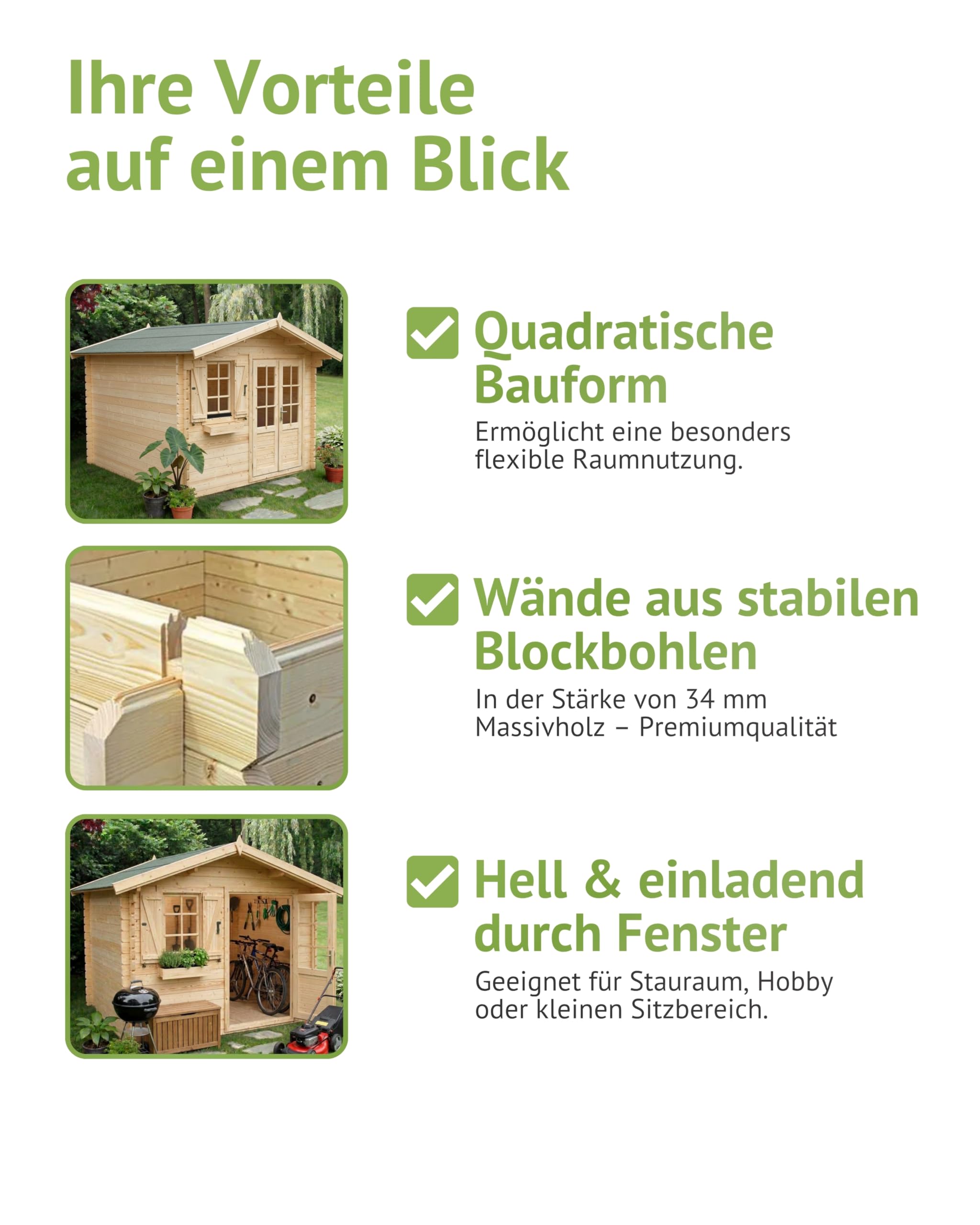 Steiner Shopping Gartenhaus PR7-34 mm Blockbohlenhaus, Grundfläche: 8,63 m², Satteldach