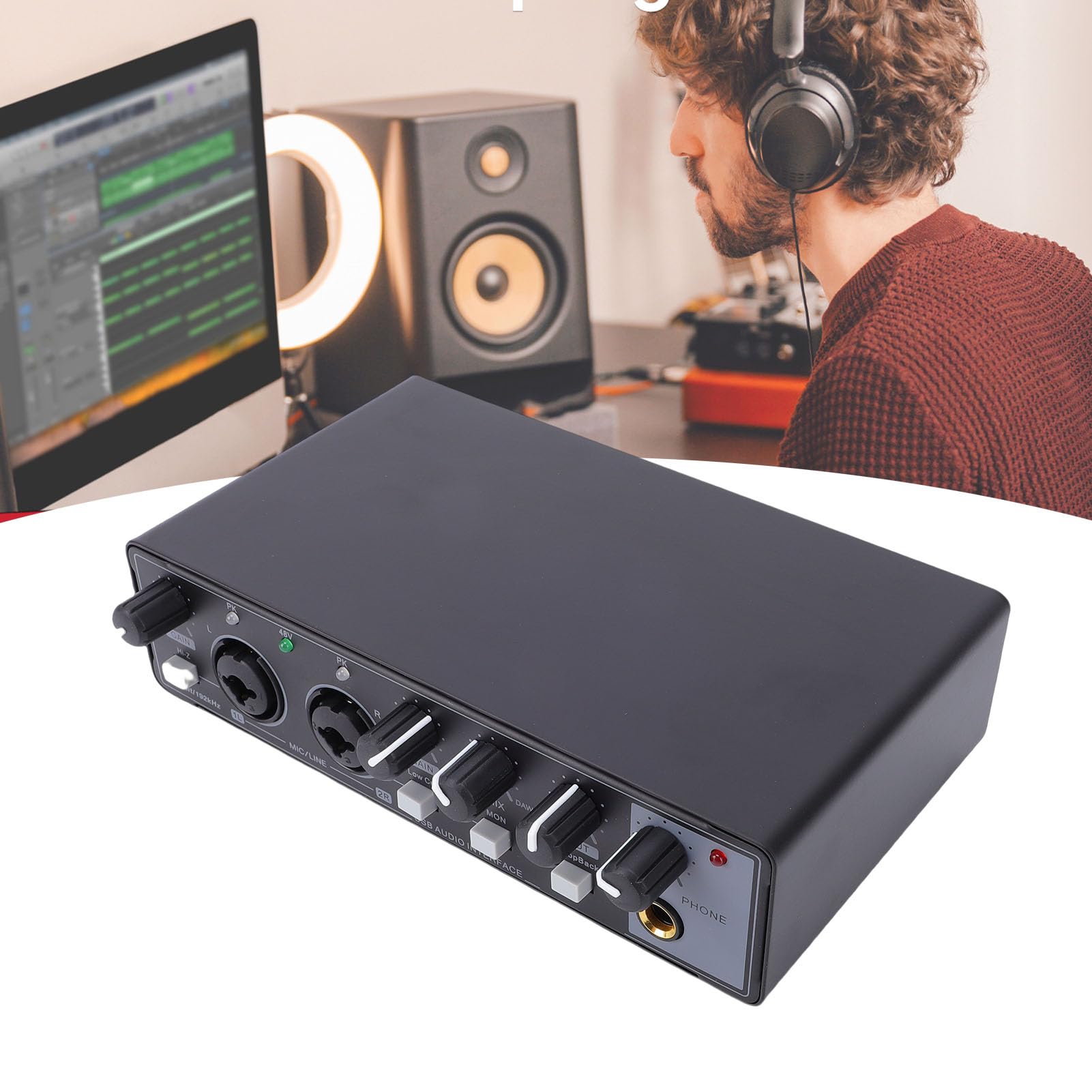 Diyeeni Interfaz de USB, Tarjeta de Sonido USB C de 24 Bits y 192 KHz con Preamplificador Transparente para Grabar Música y Transmitir Podcasts (BLACK)