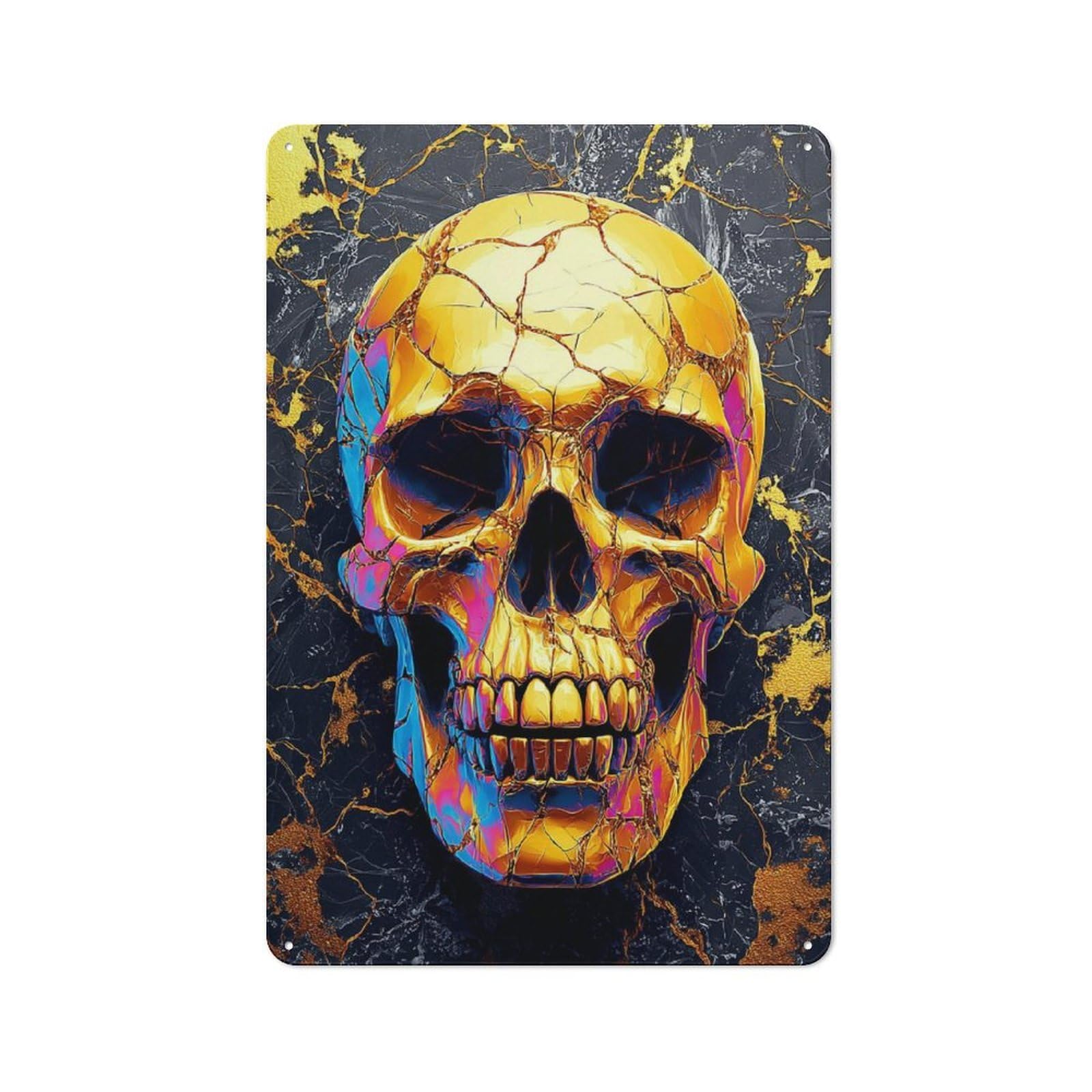 Junmoney Golden Cracked Skull Artwork Modern Vintage Metal Desk Wall Sign 30X20cm, Office Wall Decor For Office, Study, Studio Or Hallway