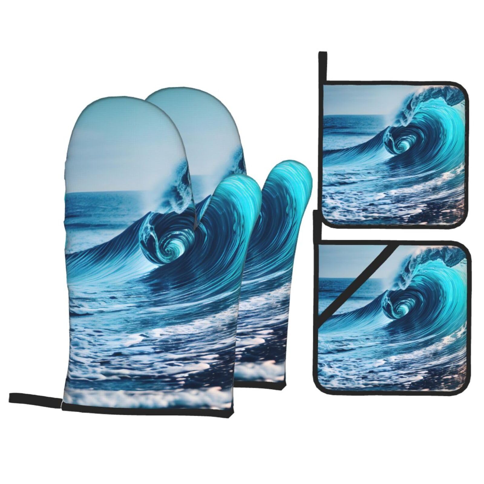 Ocean Sea Wave Print 4-Piece Heat-Resistant Oven Waterproof Kitchen Gloves Cooking Roasting Essential