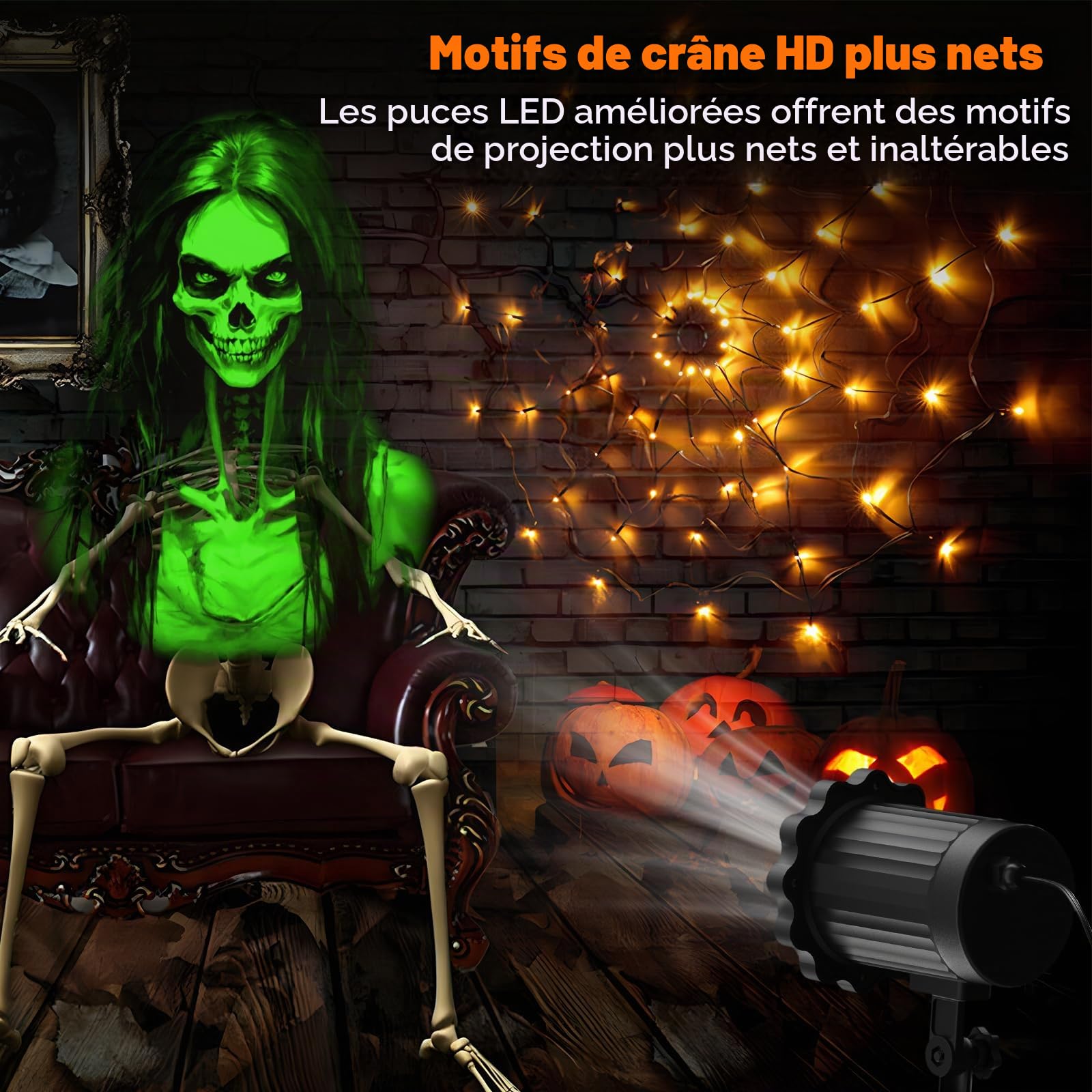 Projecteur d'Halloween extérieur, motifs 3D dynamiques 3D améliorés HD, lumière de vacances plus claire, idéal pour les fenêtres, les murs et les projections de couverture de porte de garage