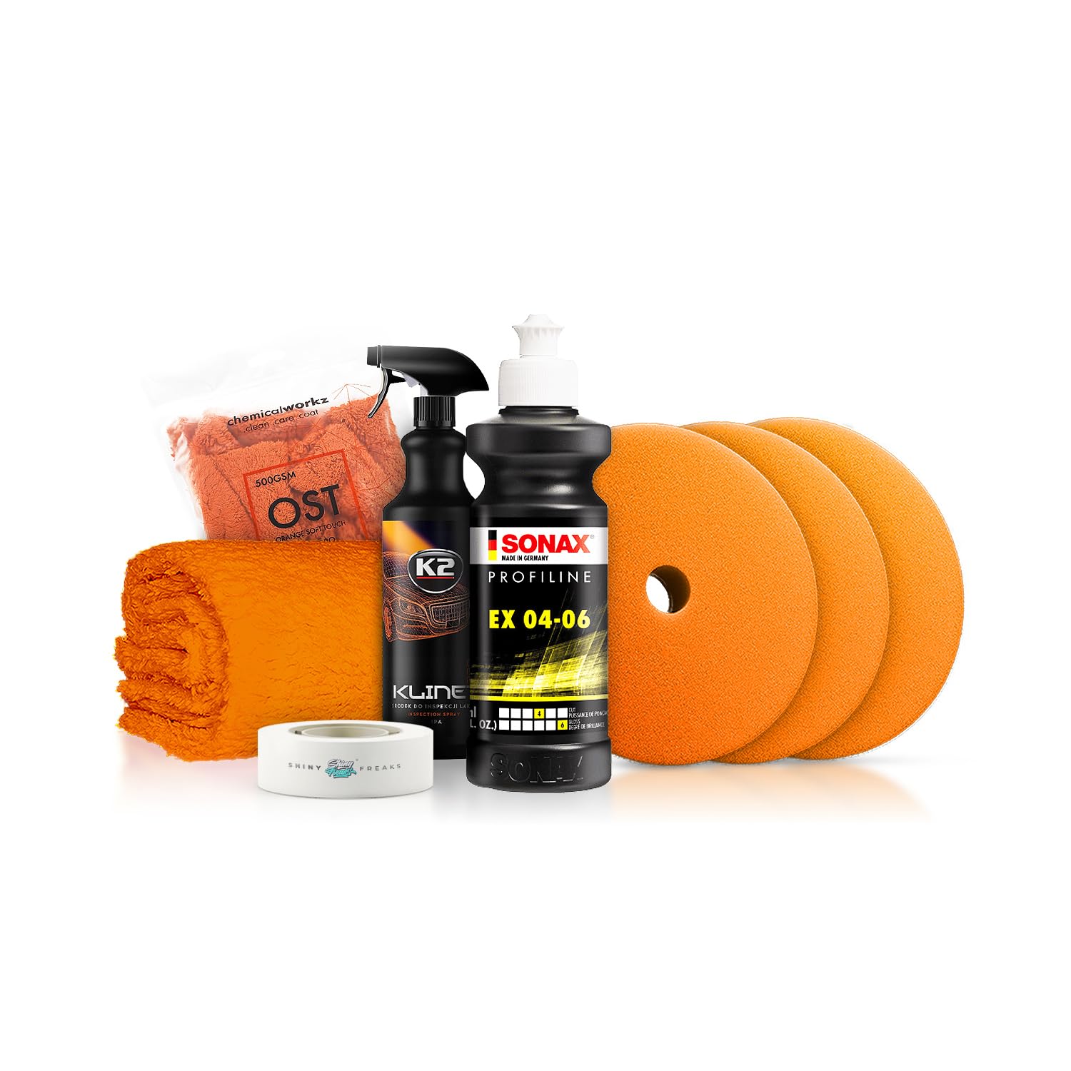 Politurset: Sonax One-Step Politur + Royal Pads Polierpads + Zubehör - Auto Lack Politur, Kratzer entfernen, Aufbereitung | 7-teilig