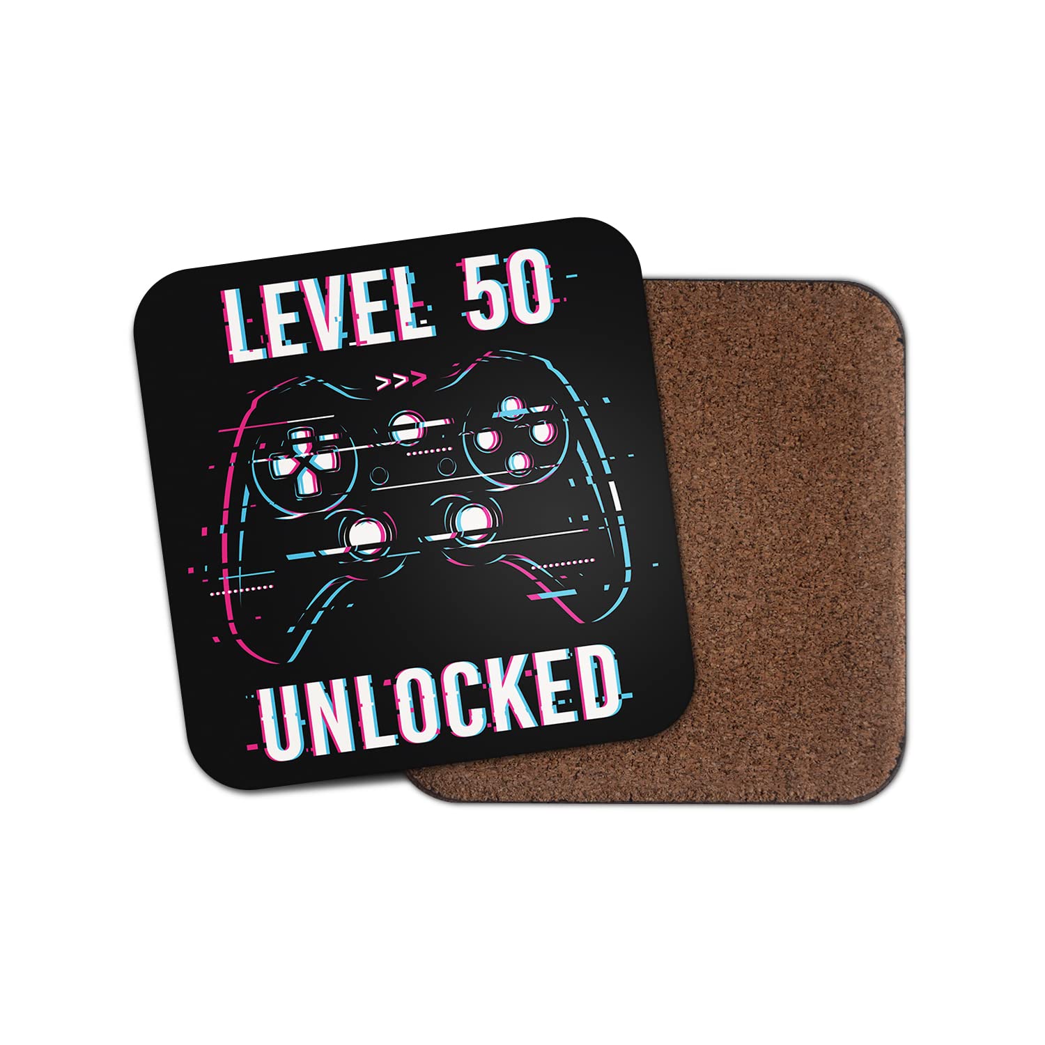Square Single Coaster - Gamer Birthday Level 50 50th Fifty Fiftieth Unlocked Gaming Game Controller Glitch Girls Boys Men Brother Friend Mancave Gift #78591