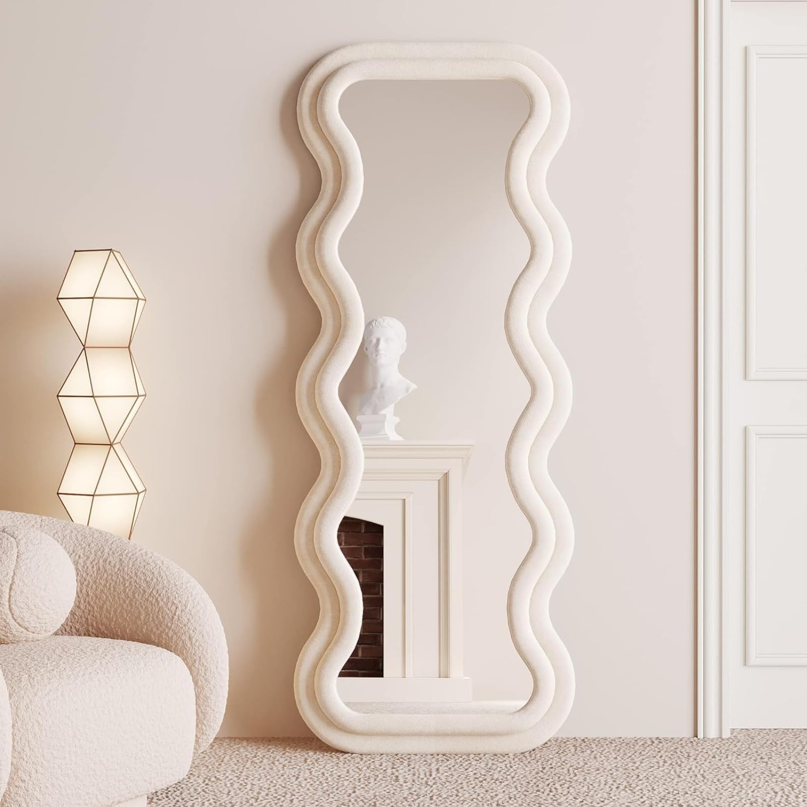 Melodieux Irregular Wavy Mirrors Full Length 160x60cm Rectangule Free Standing Floor Mirrors for Bedroom Living room Ivory Flannel Wrapped Wooden Frame Decorative Wall Mirror