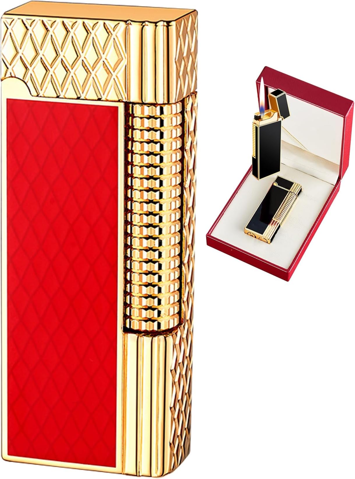 Refillable Metal Soft Flame Lighter – Side-Slip Wheel Ignition, Gift Box & Flint Accessories Included (Fuel Not Included)(Red)