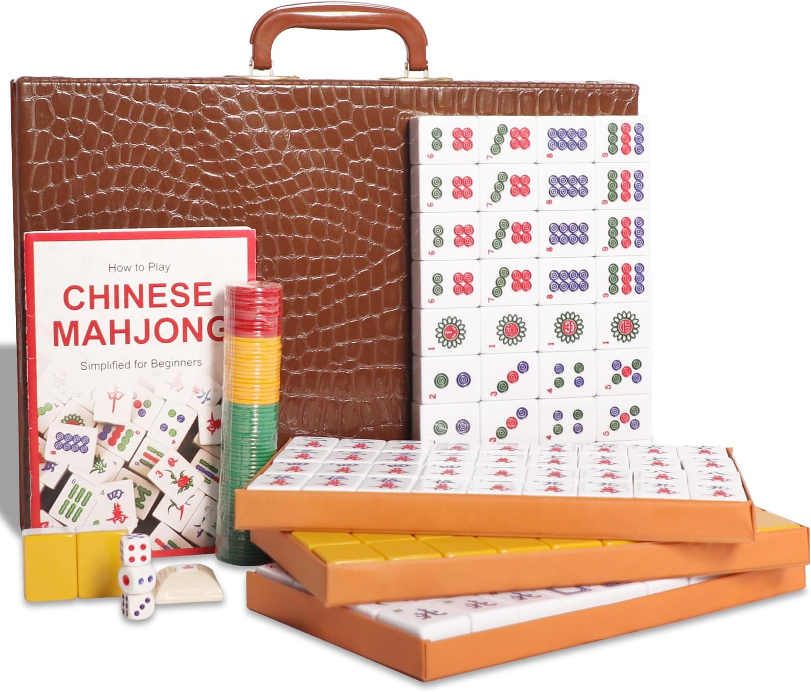 Chinese Mahjong Game Set, Mahjong Tiles Set with 146 Numbered Large Tiles (Yellow), Chinese Mahjong Set with Brown Carrying Case