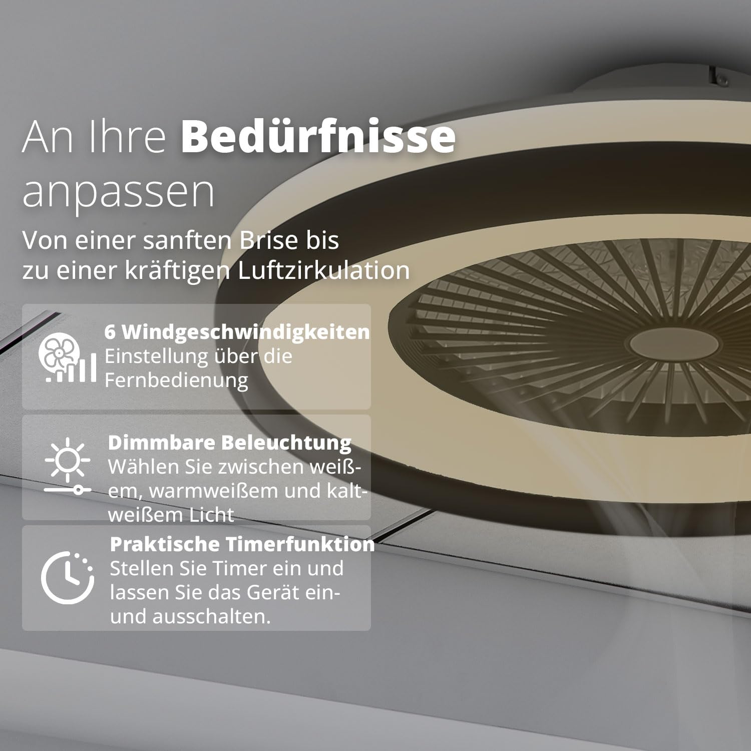FLINQ LumiFan Deckenventilator mit Beleuchtung - Deckenlampe | Ventilator fürs Schlafzimmer - Leise - LED Licht - Steuerbar per Fernbedienung