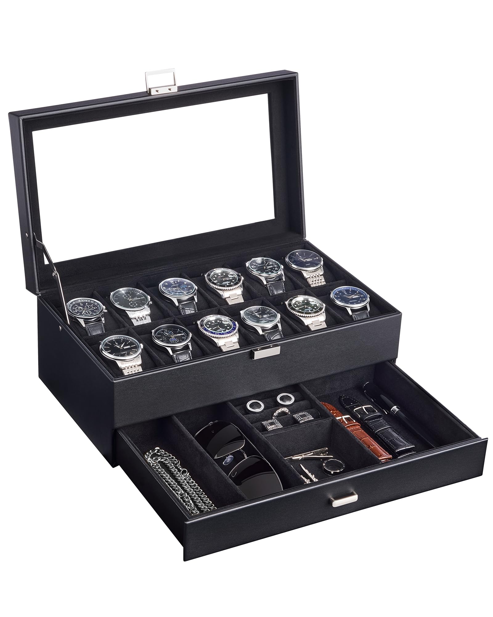 ProCase Scatola per orologi con 12 scomparti, coperchio in vetro, 2 livelli | con Cuscino Rimovibile, per Gioielli, Anelli, Bracciali e Collane -