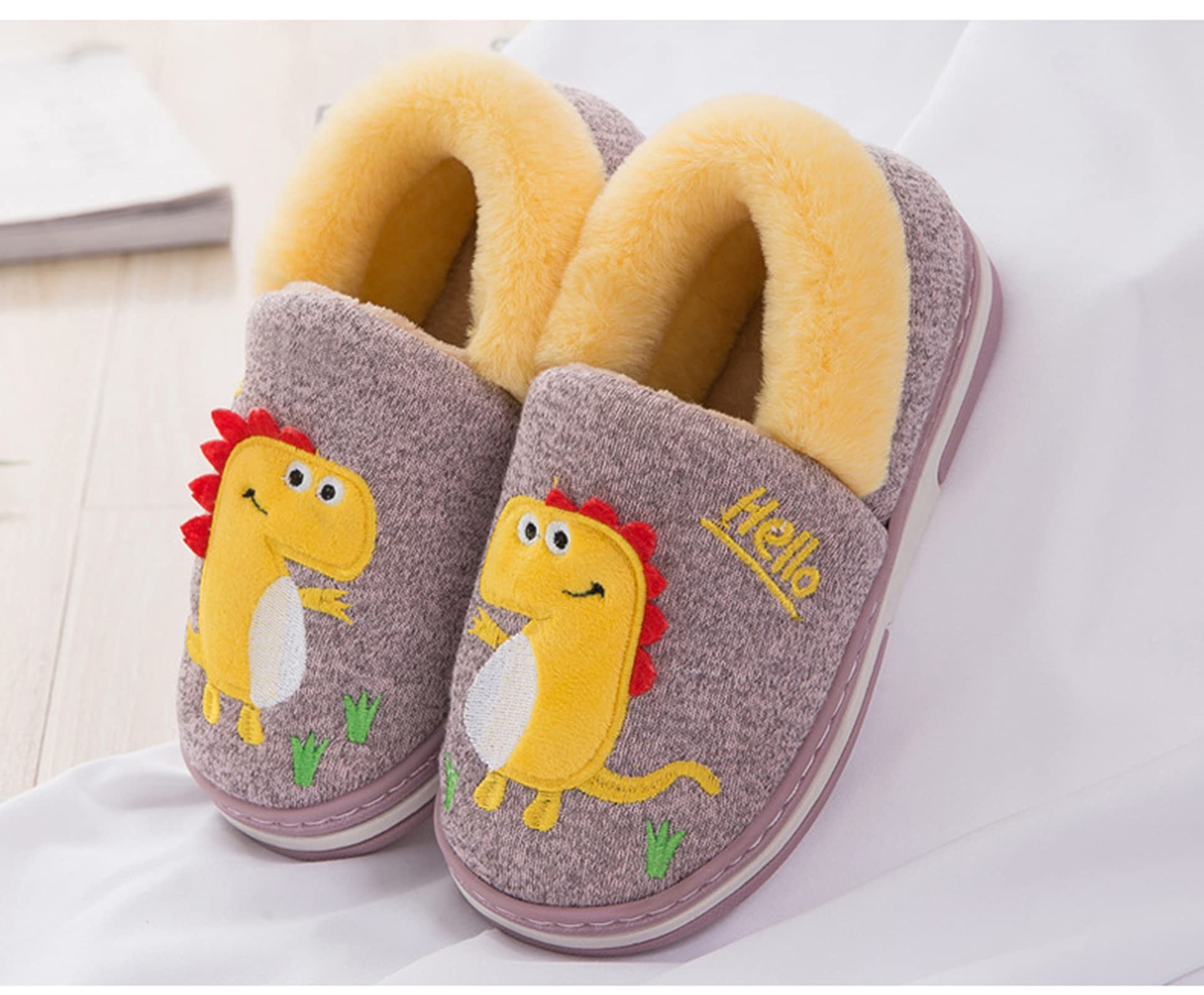 SMajong Inverno Pantofole Bambino Ciabatte Dinosauro per Ragazze e Ragazzo Pantofole Antiscivolo Invernali Home Morbido Scarpe Caldo 23-35 EU