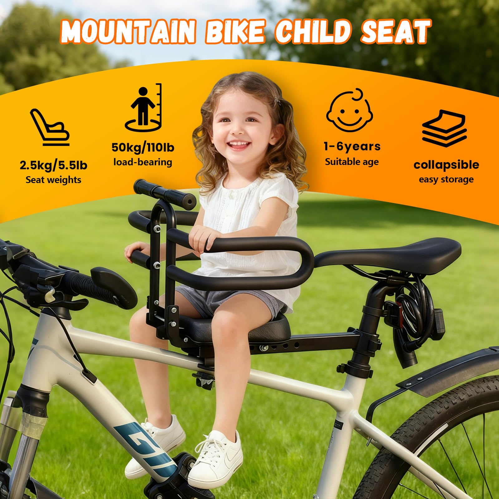 auvstar Seggiolino Anteriore per Bicicletta per Bambini,Seggiolino per Bici da Mountain Bike,Pieghevole E A Sgancio Rapido per Bambini da 1 A 6 Anni,Adatto per Mountain City Bike