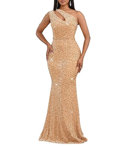 Cololura Women Sequin Elegant Sexy One Shoulder Tassel Mermaid Bodycon Cocktail Evening Dress - 3X-Large - Apricot