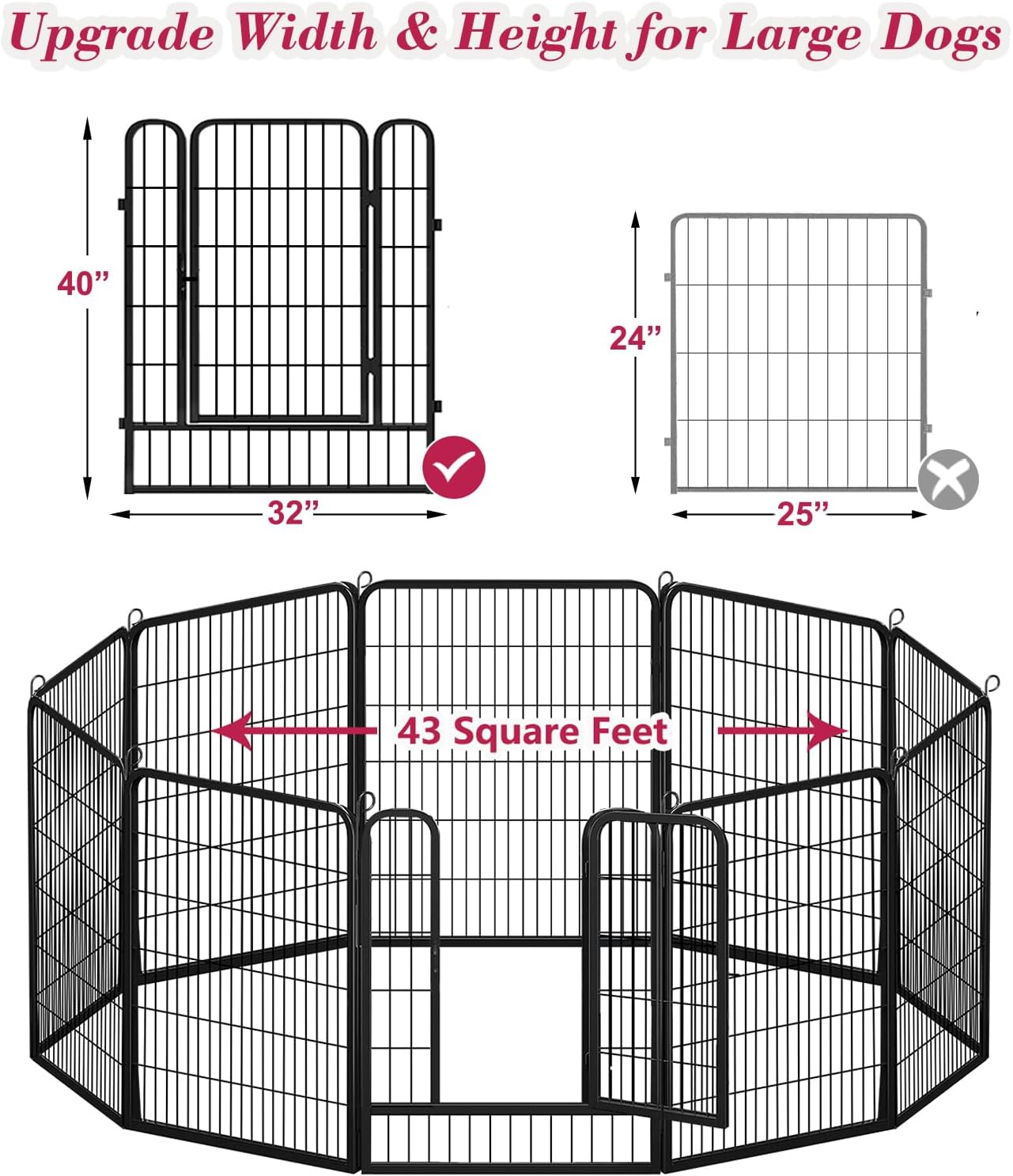 Dog Playpen, 40 inch Height 10 Panels Heavy Duty Dog Fence Pet Playpen with Door, Anti-Rust Dog Exercise Pen with Lock, Portable Pet Fence Outdoor for Yard RV Camping