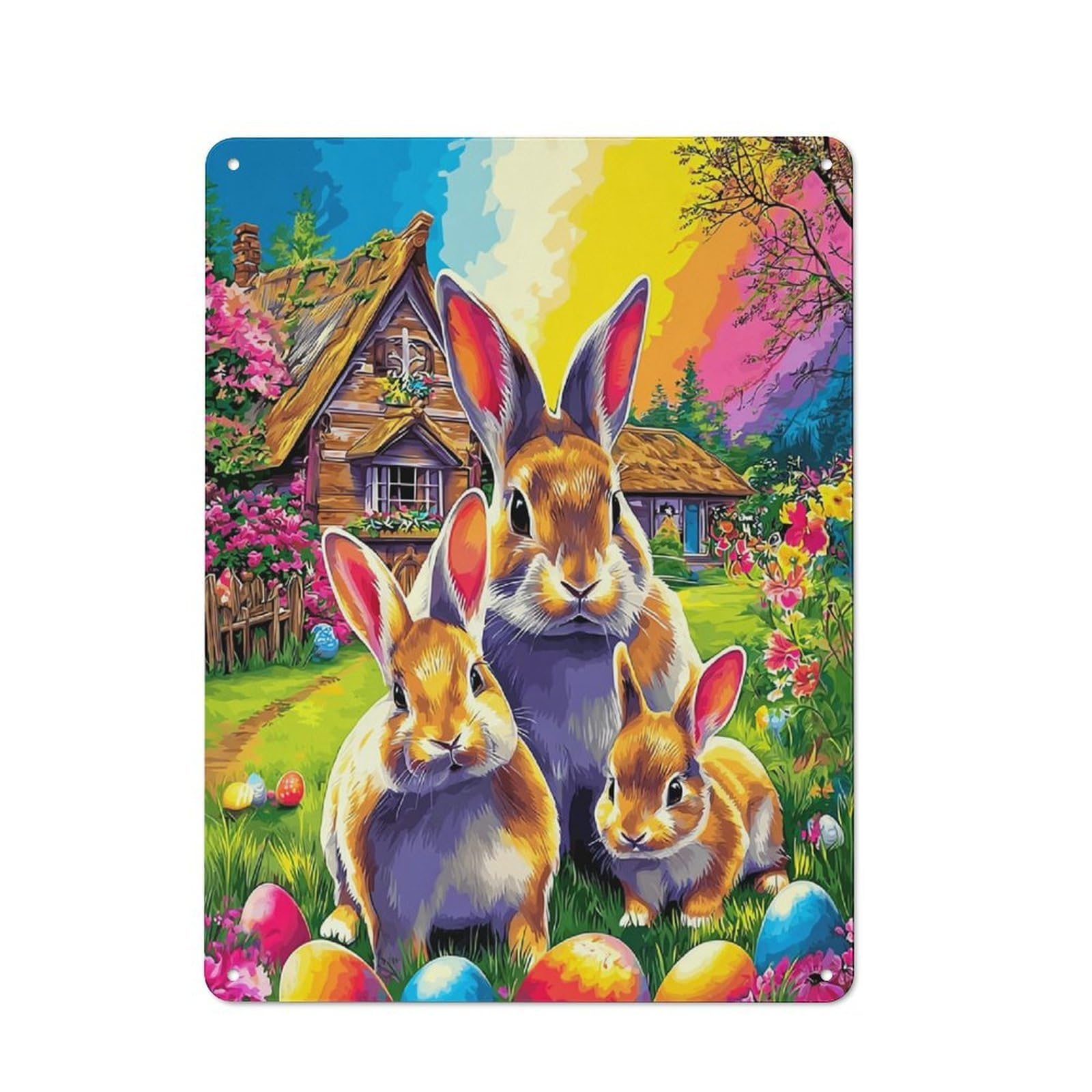 Junmoney Easter Bunny Garden Scene Rustic Metal Wall Sign 40X30cm For Kitchen Or Home Bar, For Garage, Workshop And Man Cave Decoration
