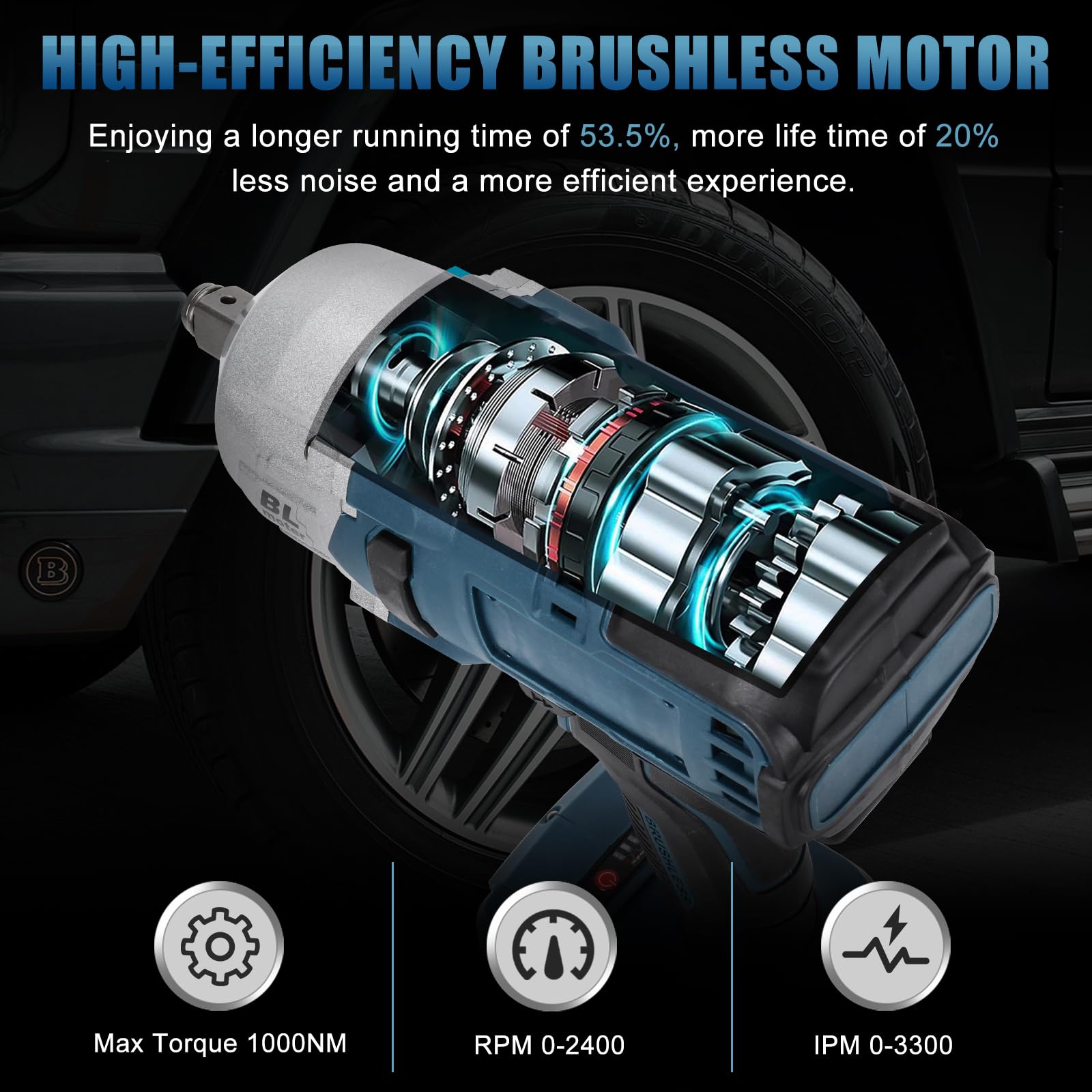 Llave de impacto con batería de 1000 Nm para Bosch Professional 18 V System GBA/GBA ProCORE AMPShare, batería de 18 V, llave de impacto giratoria de 1/2 pulgadas sin escobillas con 6 llaves (sin