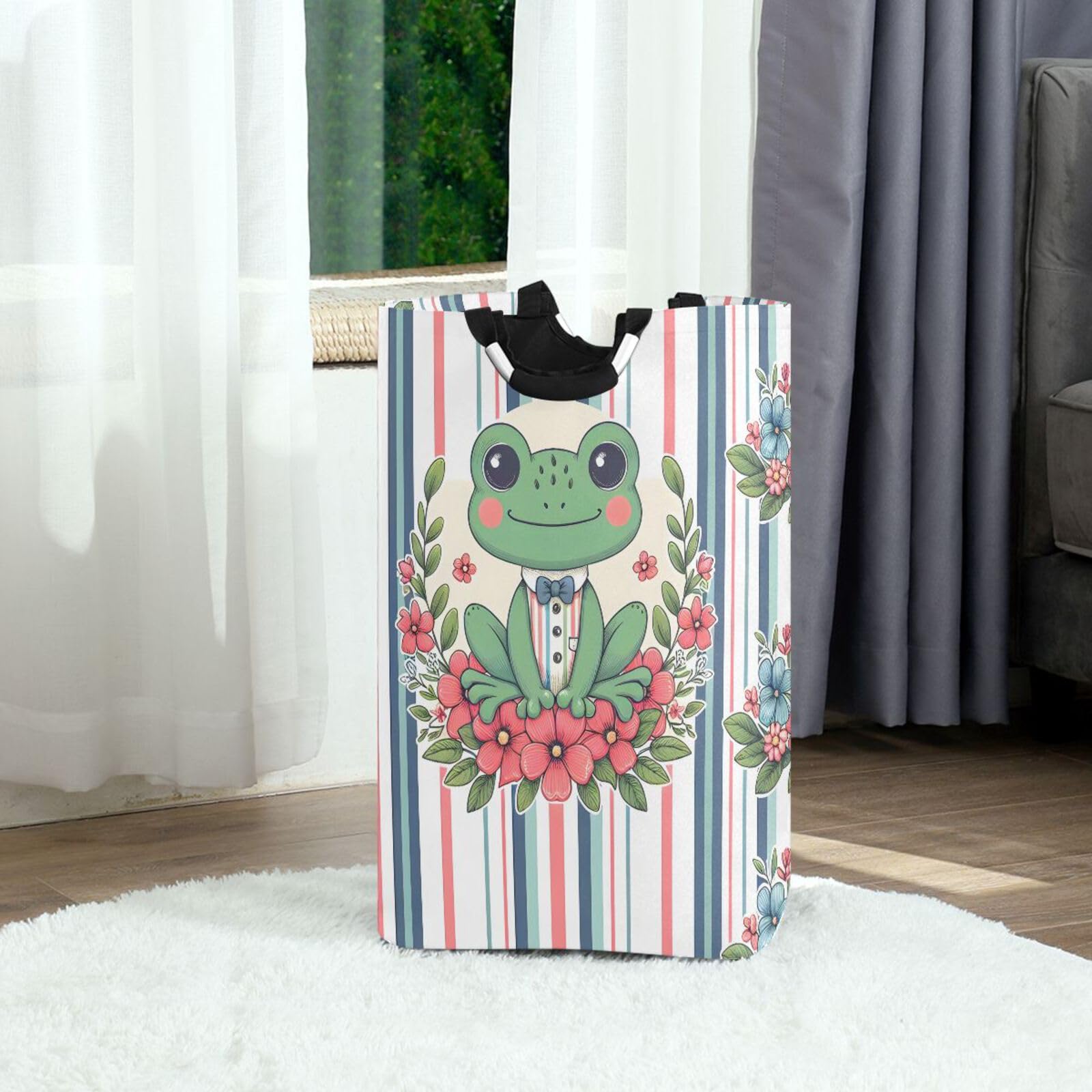 Jihqo Laundry Hamper Basket Frog and Stripes Collapsible Nursery Storage Bin Waterproof Clothing Baskets for Home Bedroom Bathroom Washing Room