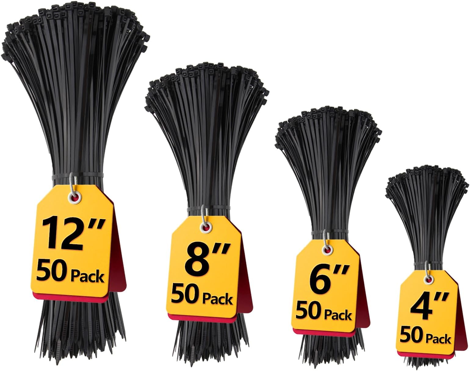 Black Zip Ties Assorted 12+8+6+4 inch, 200 Pack, Cable Ties, UV Resistant Wire Ties for Outdoor Use,Tie Straps, LOCKLOCK