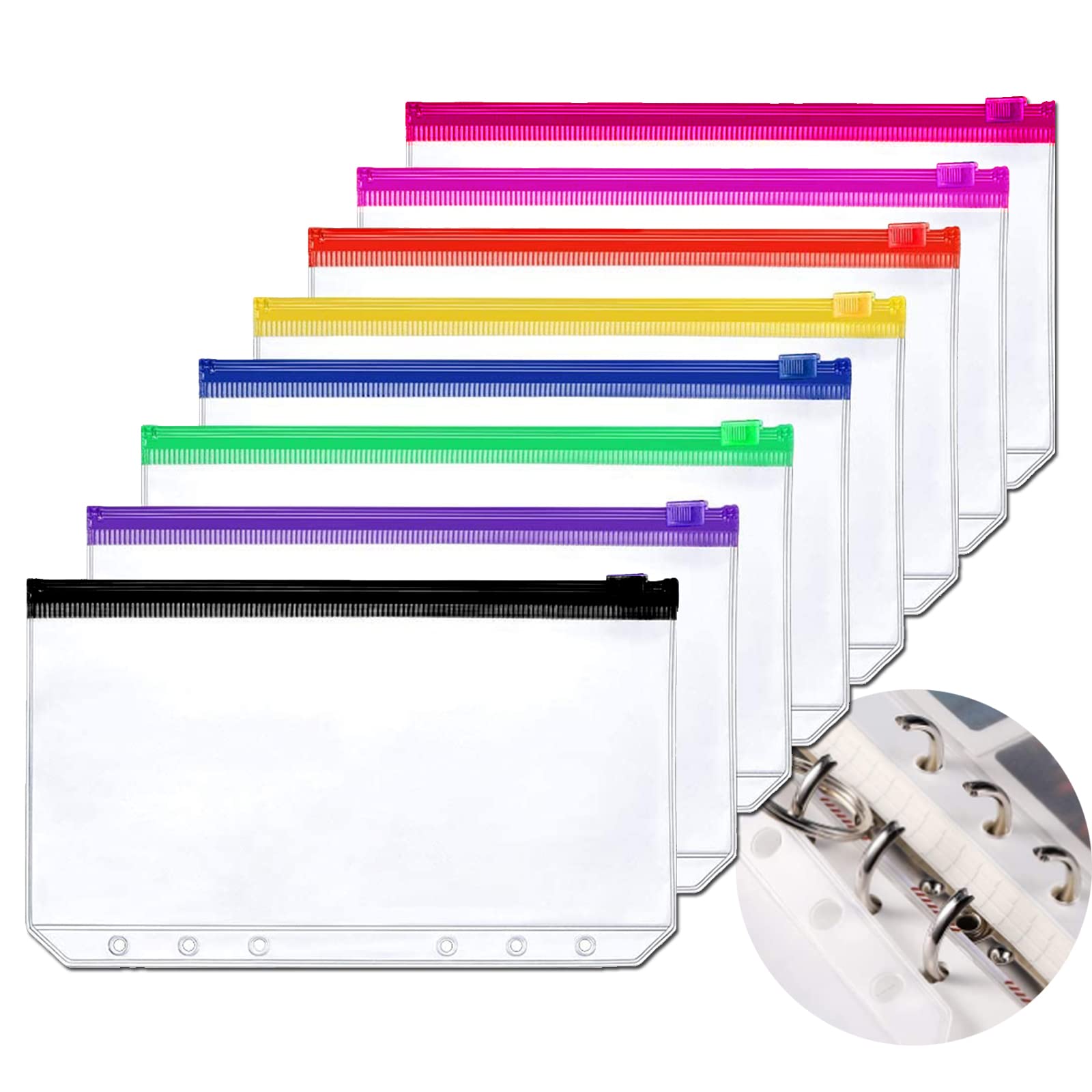 8 Pcs Multicolor A6 Ring Binder Pockets PVC 6 Holes 8 Color Zipper Binder Pouched Notebook Refills Filler Organizer Document Bill Folder Storage Bags, Multicolor