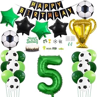 Daimay 29PCS Soccer Birthday Party Decoration Sports Theme Football Party Supplie Champion Trophy Foil Balloon 5th Happy Birthday Banner Green White Black Soccer Balloons Cake Topper for Soccer Fans