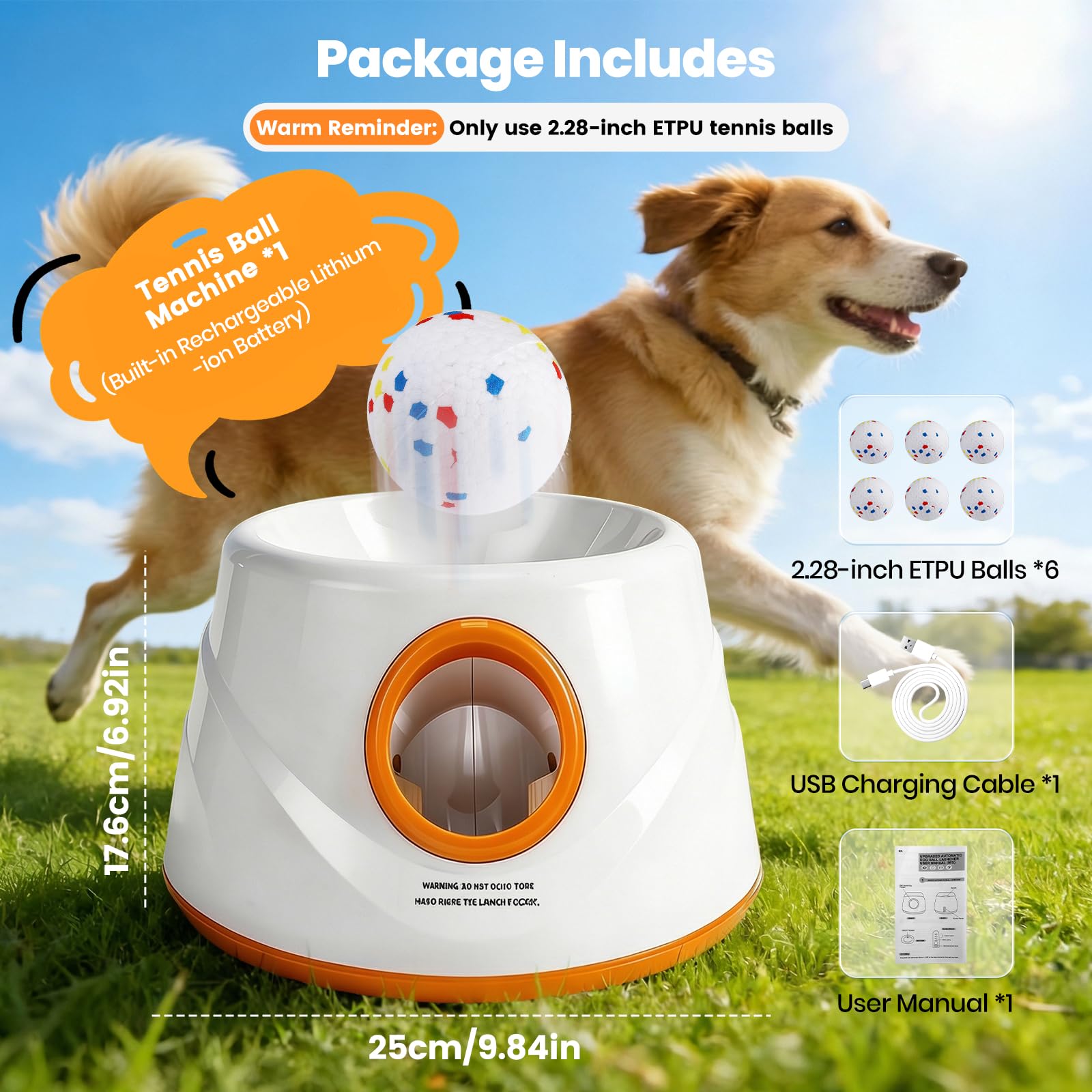 Lanceur balles automatique pour chien, Machine à lancer des balles avec 6 balles de tennis en E-TPU et 3 réglages de distance Jouet interactif pour chien (Distance de lancement : 6 à 14 mètres)