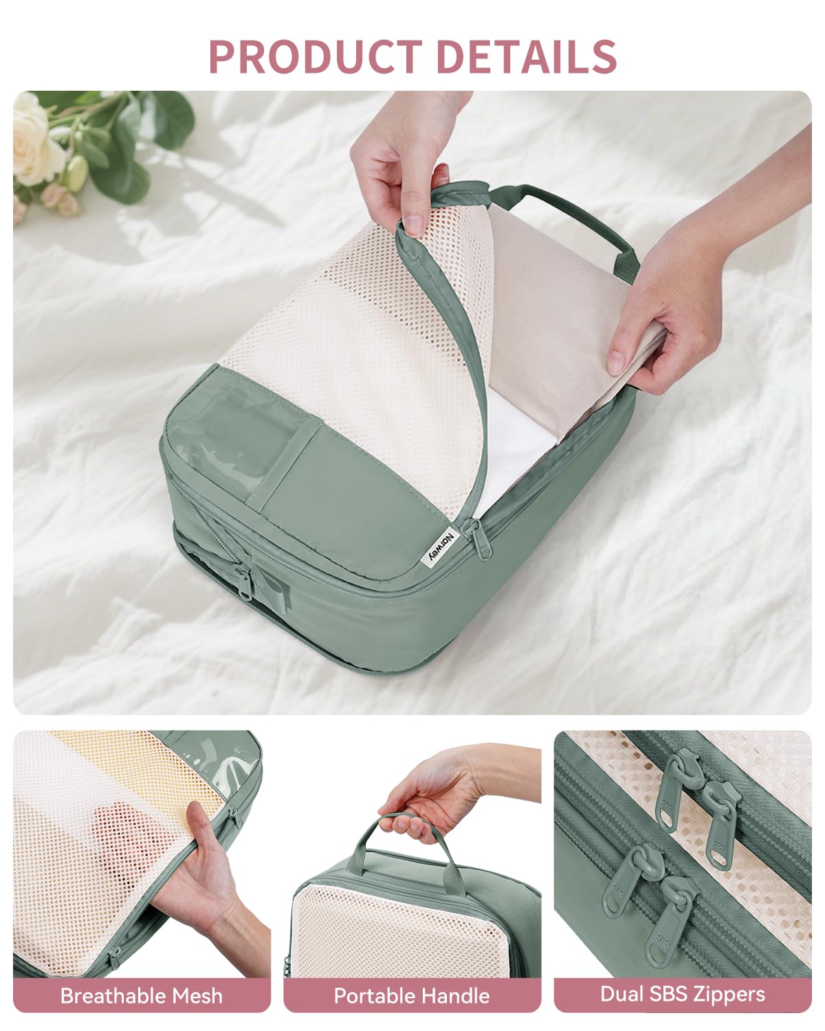 Narwey Set di 6 cubi a compressione per valigie, organizer per valigie, borse organizer per zaini, borse da viaggio, cubi per bagaglio a mano, casa, scarpe, borse essenziali da viaggio (verde)