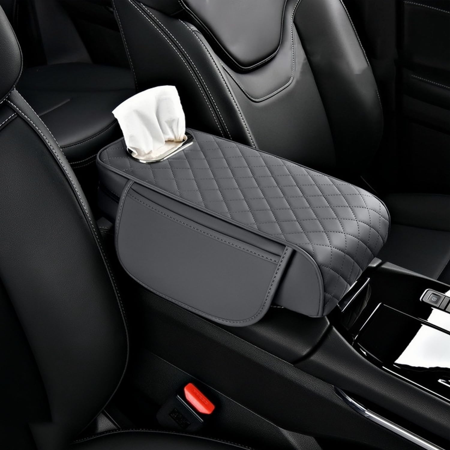 DEPOTA Universal Center Console Armrest Cover - Leather Cushion With 2 Storage Pockets & Tissue Holder (Black/Red, 13.78" X 7.28")