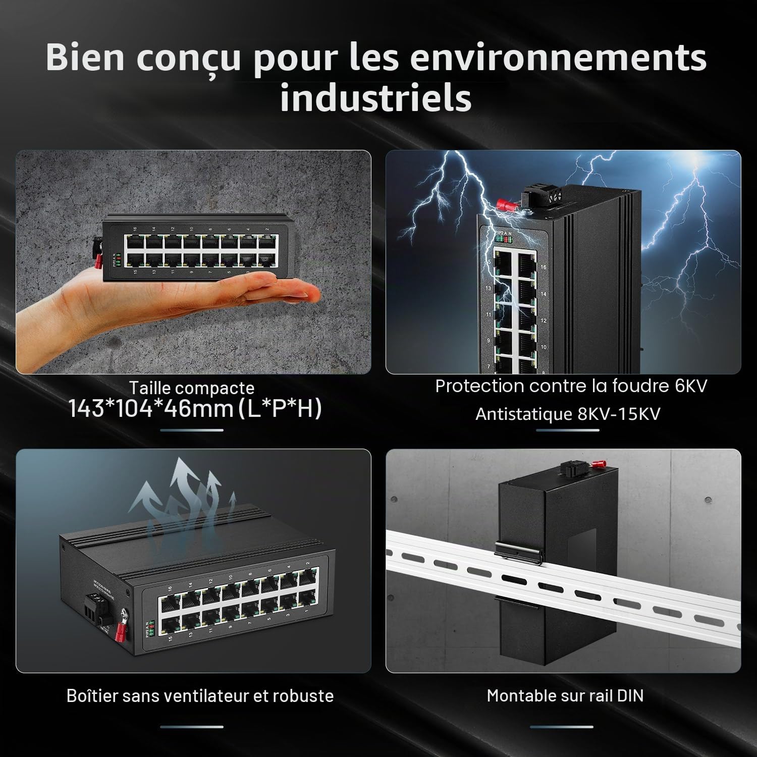 Binardat Commutateur Ethernet industriel 16 ports Gigabit DIN Rail 16 ports 10/100/1000 Mbps, sans ventilateur IP40 non géré Plug and Play