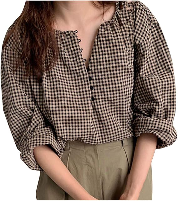 Amazon レディース ブラウス Uellak Vネック ボタン付き 上着 韓国風 森ガール ブラウス リネン 大きいサイズ 春夏秋服 七分丈 カットソー 可愛い ゆったり カジュアル Ol 通勤 プルオーバー シャツ ブラウス 通販