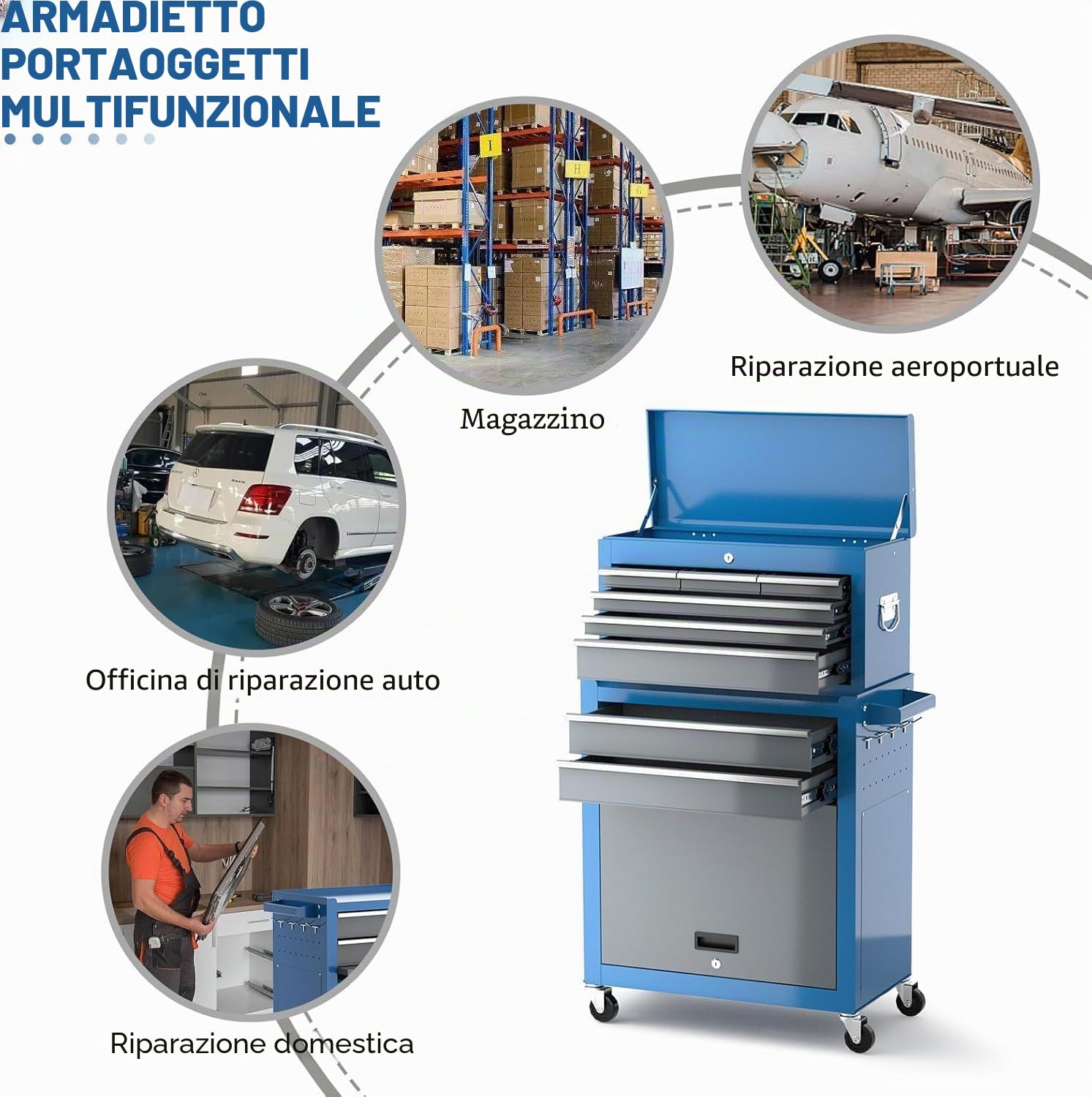 AIRAJ Carrello da Officina,8 Cassetti con Chiusura Centrale a Chiave,2 Ruote con Freno di Stazionamento/Piastra Laterale e Gancio,Professionale Carrello Portautensili,Adatto per Garage
